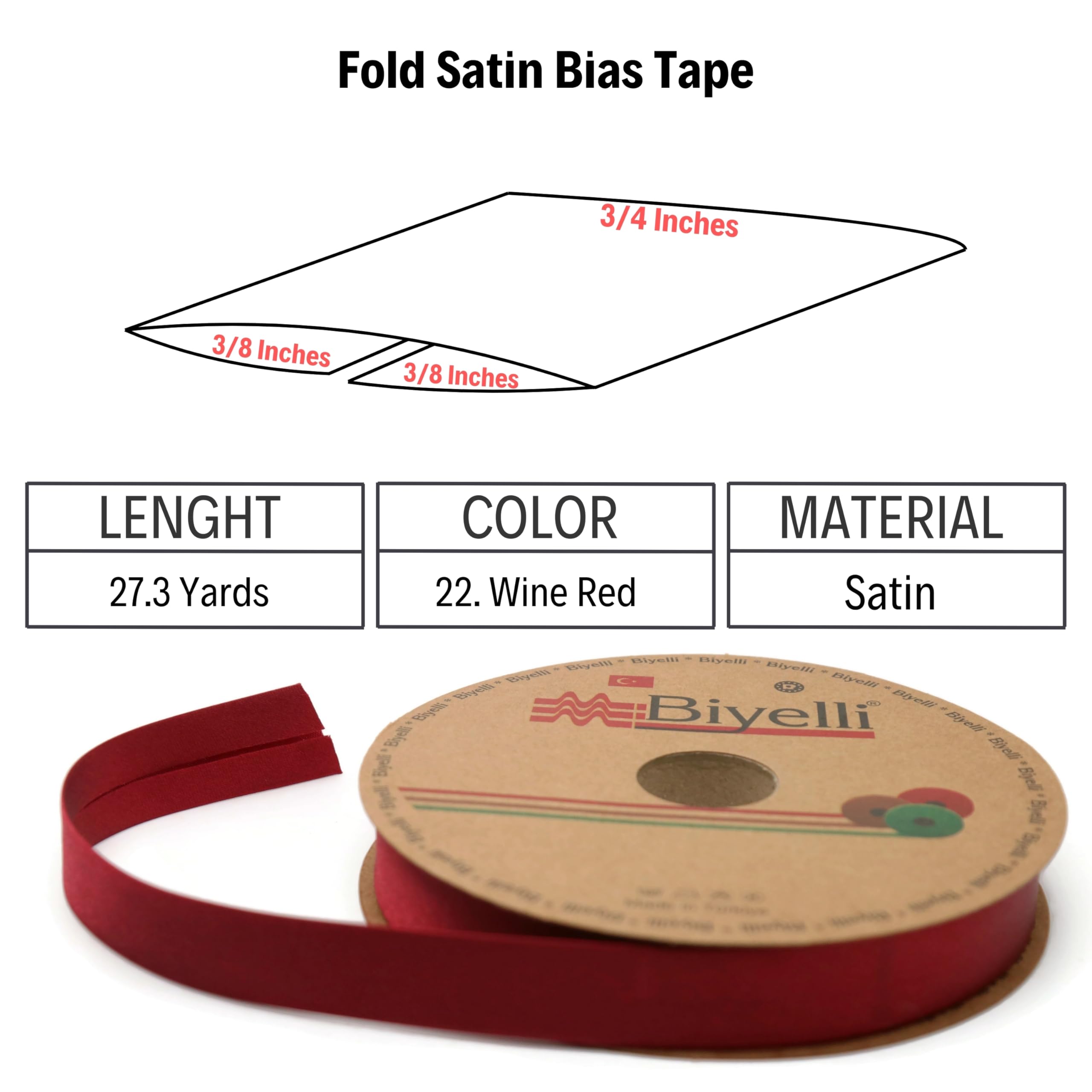 Fold Satin Bias Tape - 99+ Colors - 3/4 Inches Wide - 27 Yards - Fold Satin Binding Bias Ribbon Fabric Piping Bias Binding Tape for Sewing Clothing DIY (22. Wine Red) BYS22
