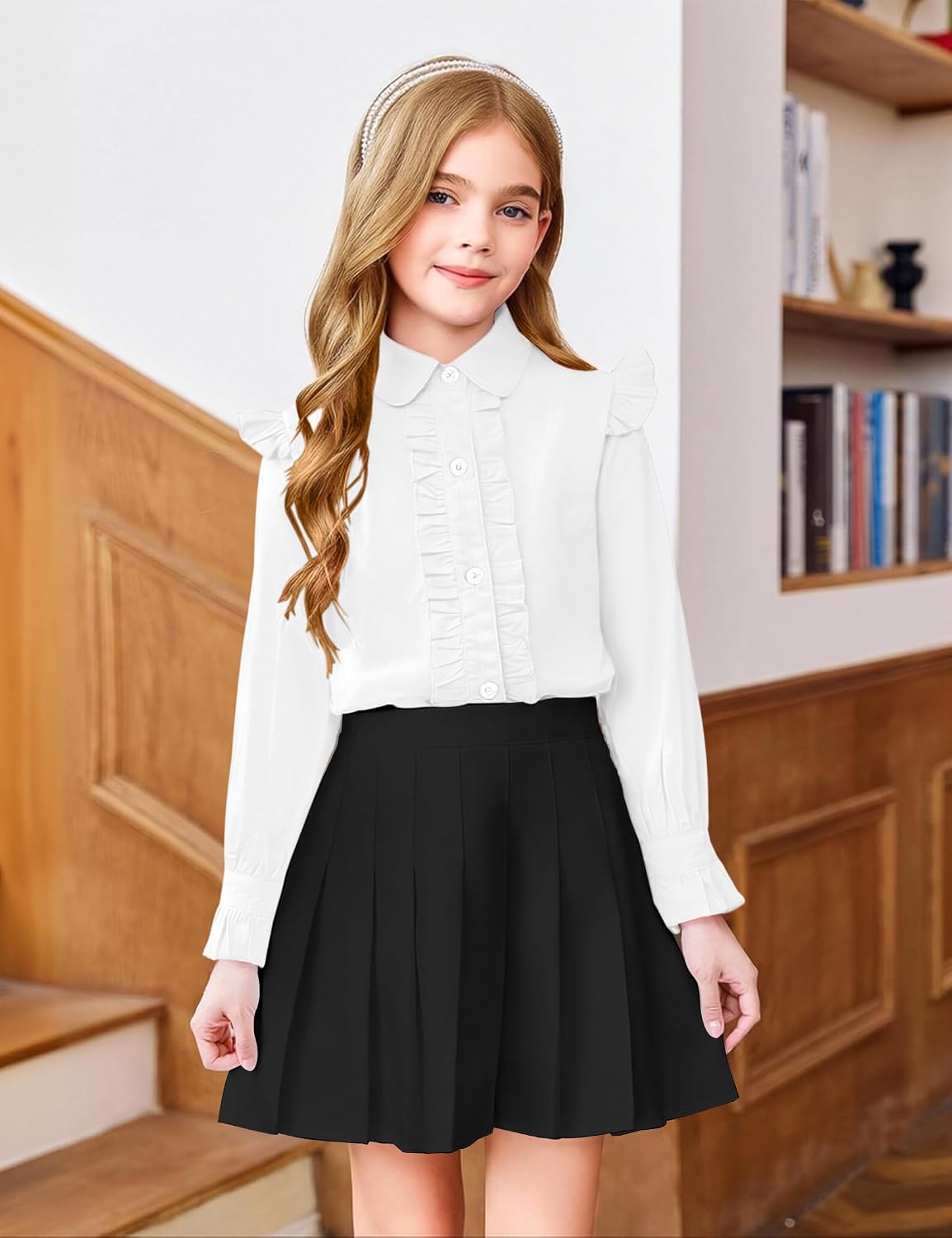 Girls Short Sleeve Button Down Shirts Ruffle School Uniform Crop Tops Peter Pan Collar Plaid Blouse 4-13Y
