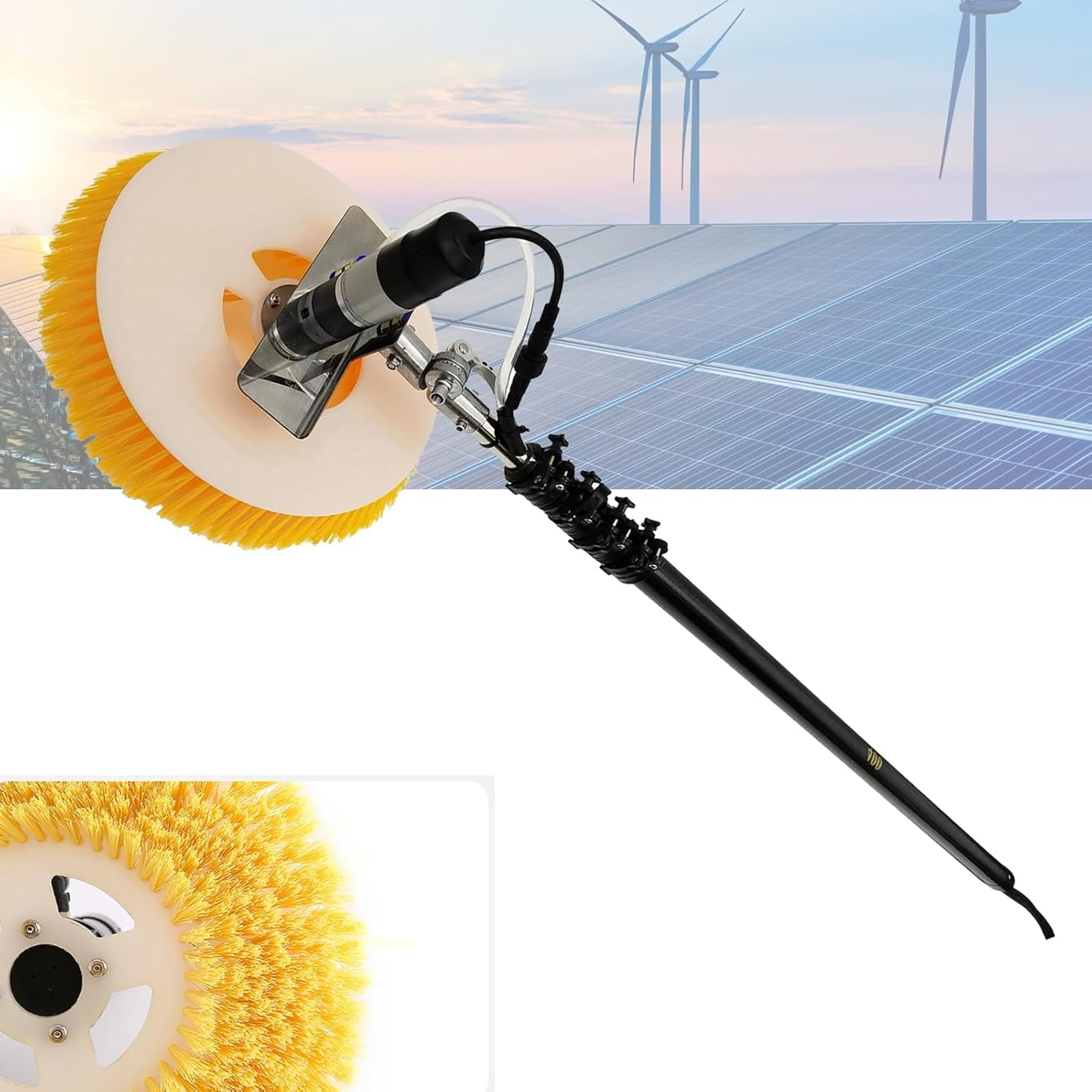 Kit de limpieza de paneles solares con poste telescópico, cepillo de doble cabeza, cepillo giratorio para paneles fotovoltaicos comerciales