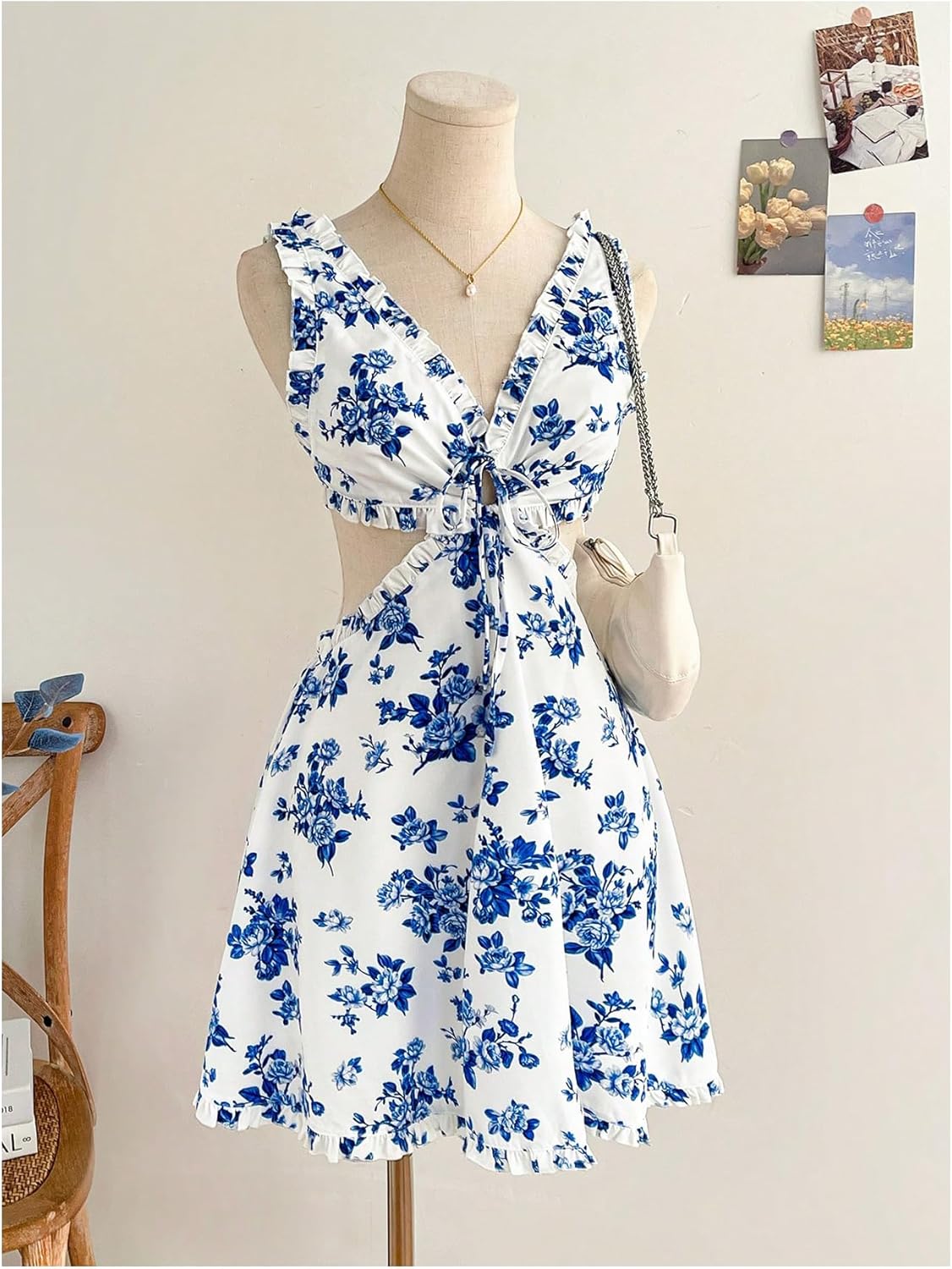 MakeMeChic Women's Floral Frill Trim V Neck Cut Out Sleeveless Bow Knot Summer Mini Dress - Image 2