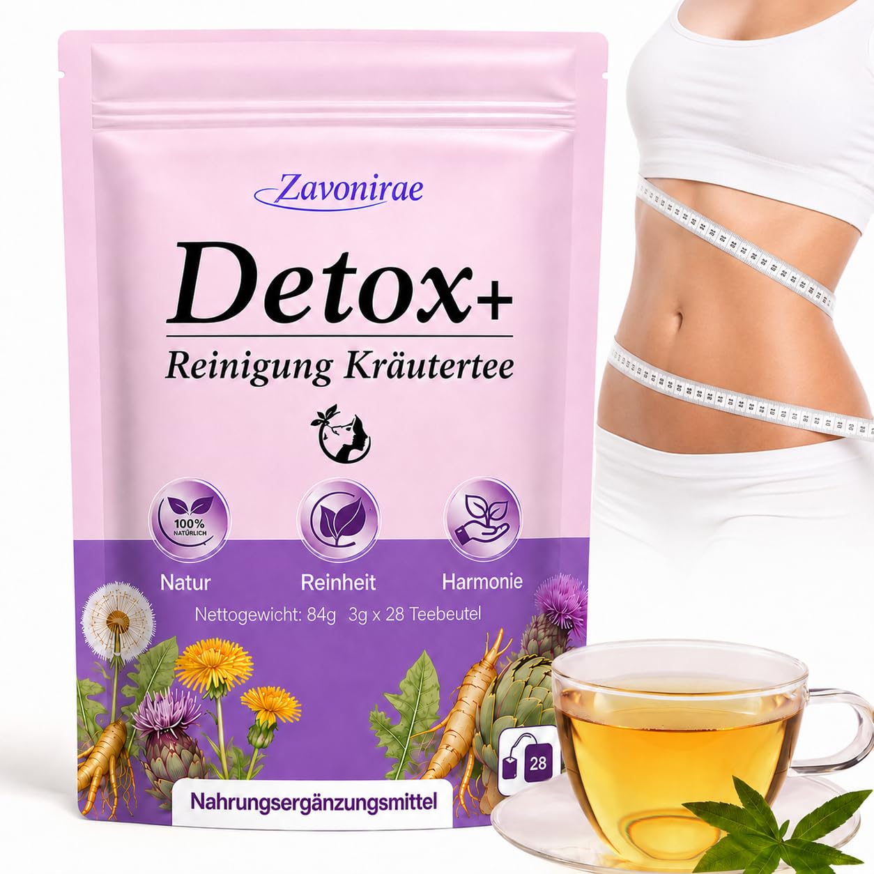 Detox Tee, 28-Tage-Kräutertee mit 15-Pflanzen-Komplex – Mit 