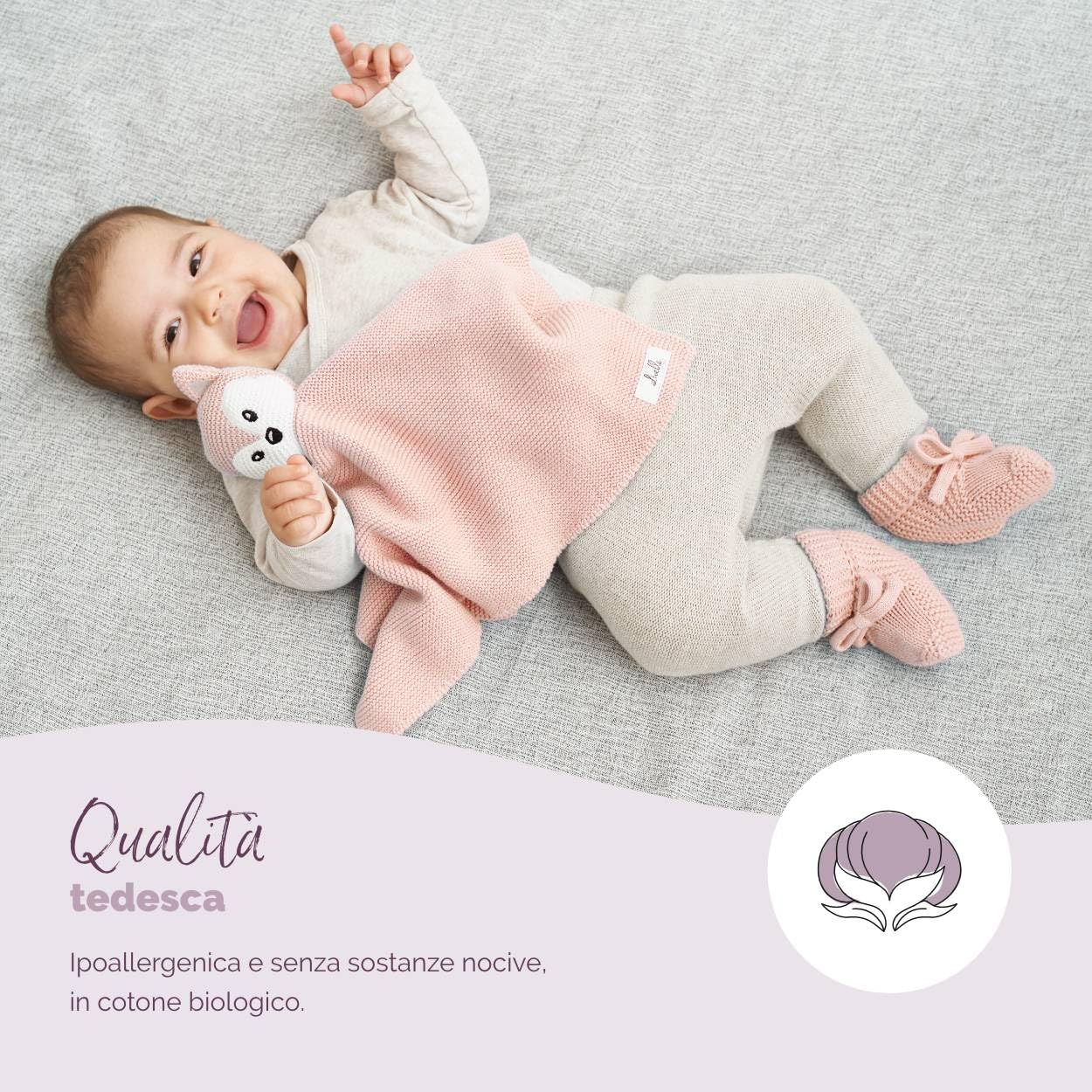 Livella Doudou Volpe con calzini - Puro cotone biologico - Copertina premium, copertina coccole, coperta a maglia - Morbidissima e traspirante - OEKOTEX® STANDARD 100 e certificata GOTS