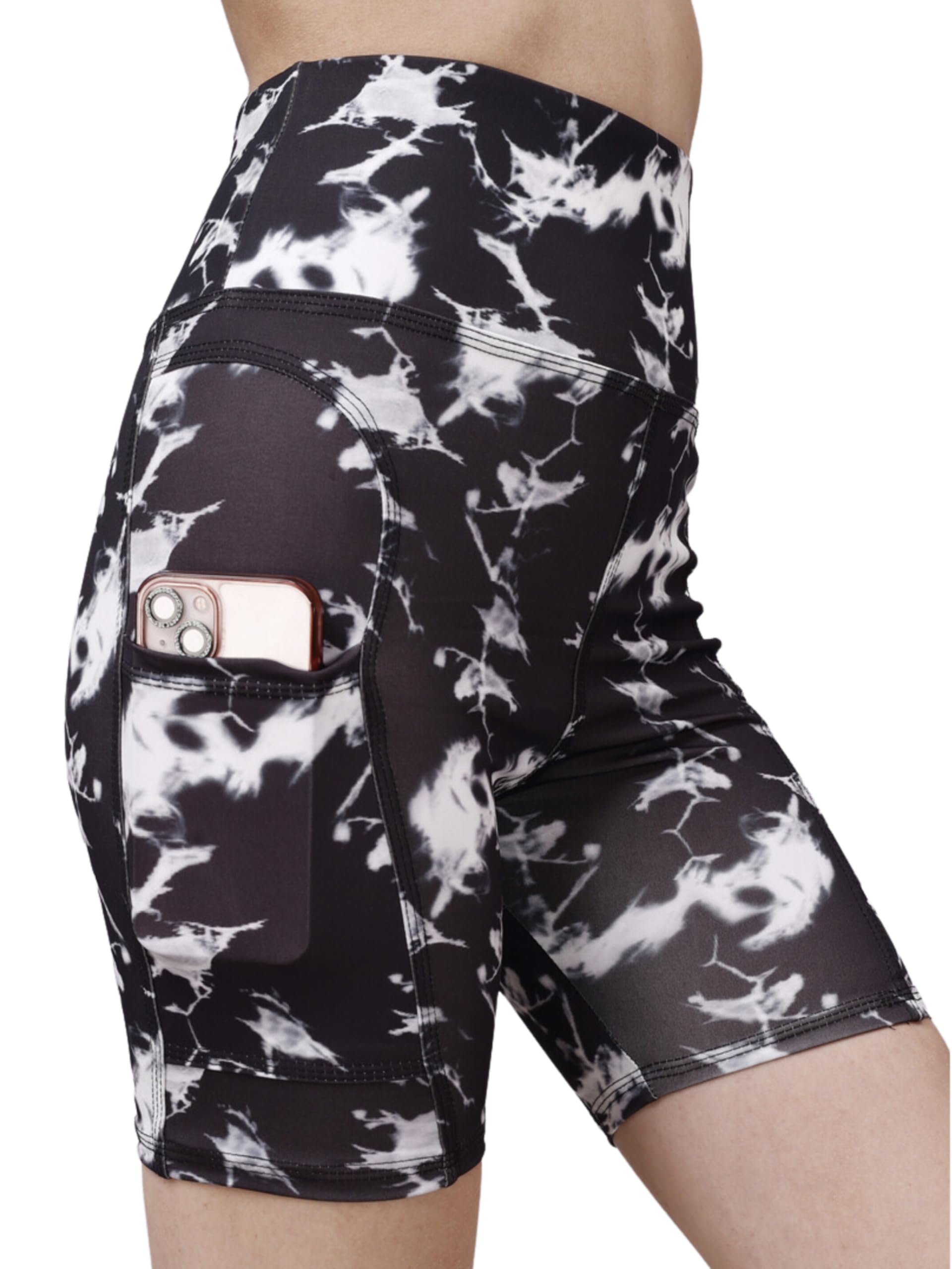 Women’s Polyester Stretchable Gym Tie Dye Shorts with Side Pockets High Waist Slim Fit Above Knee Length Activewear Tights Fitness Cycling Running YogaShorts for Women, Black |Short -Black-image-12