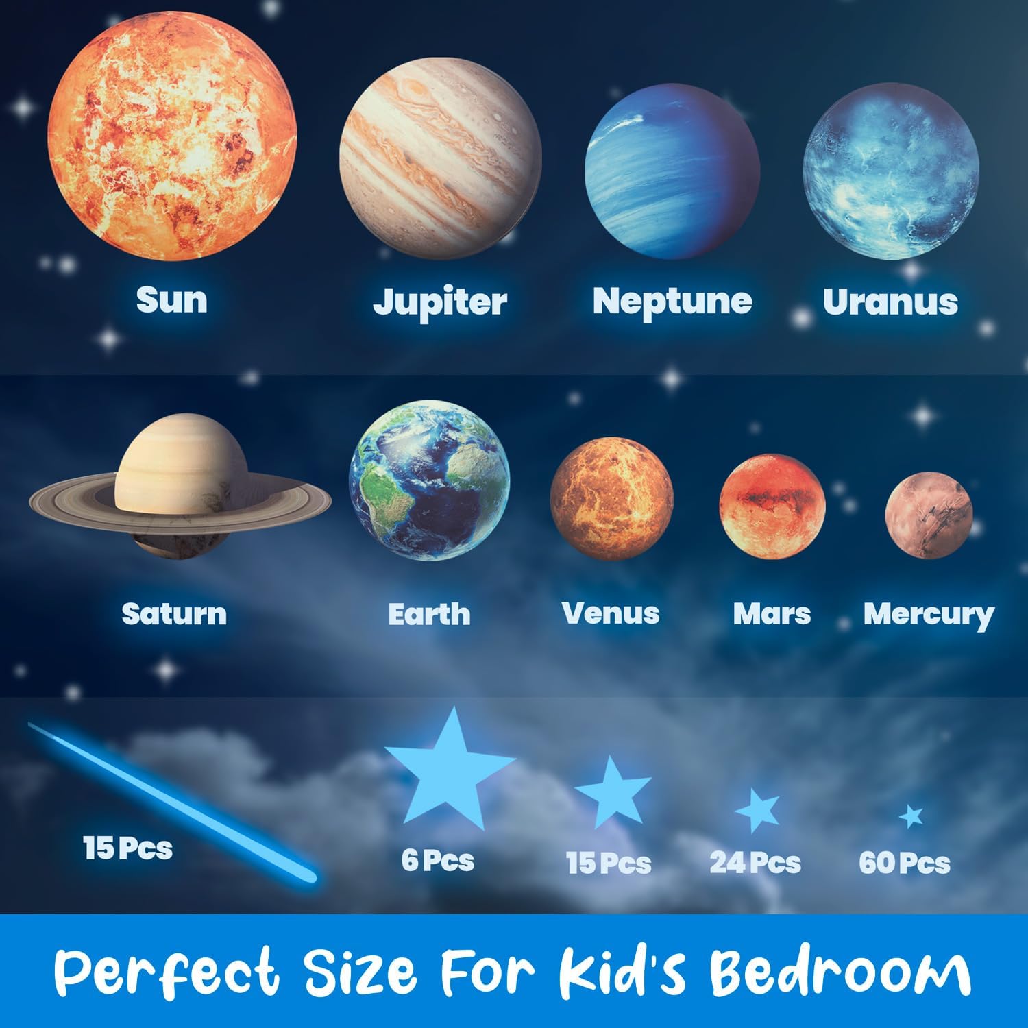 Estrellas y planetas que brillan en la oscuridad, calcomanías de pared brillantes del sistema solar, calcomanías de techo brillantes para dormitorio de niños, cualquier habitación, decoración de