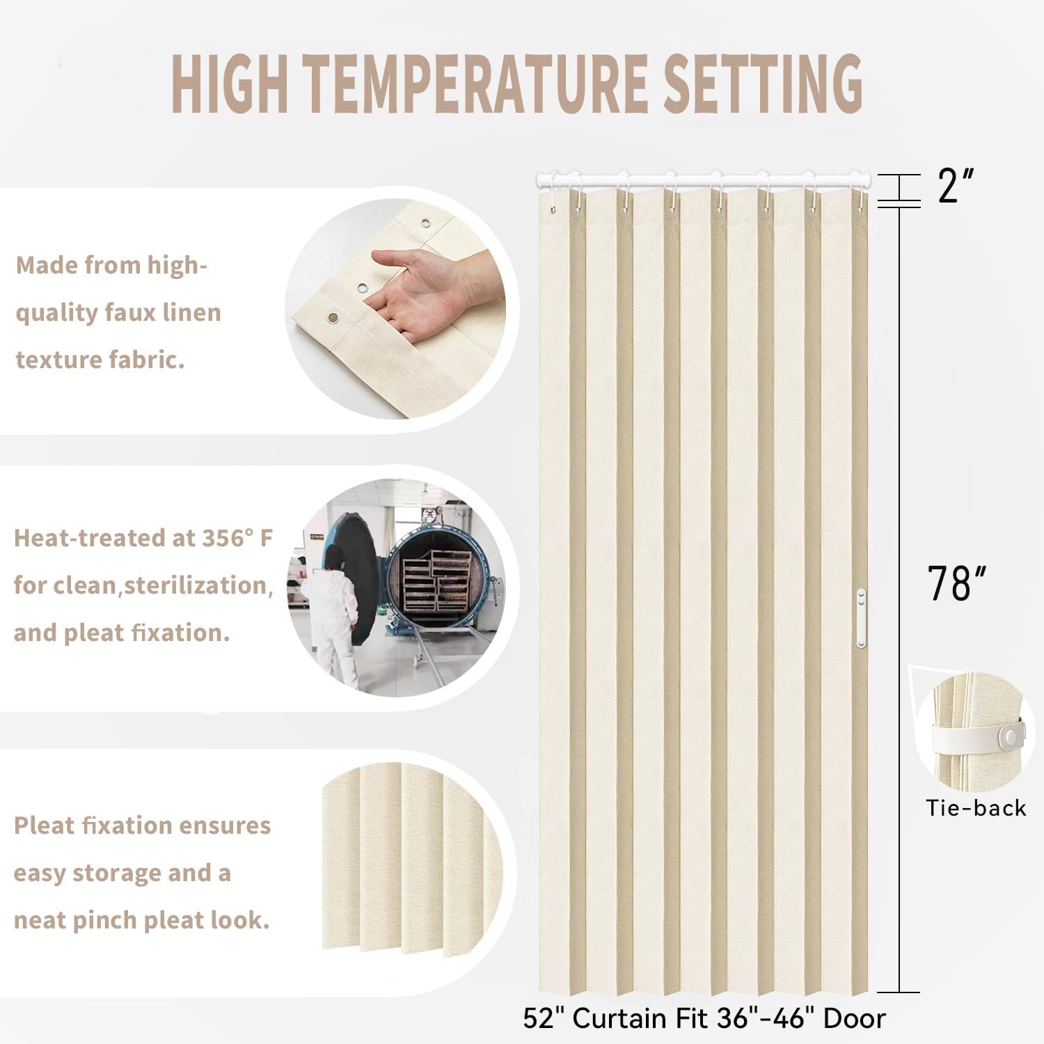 Vatge Closet Curtains for Bedroom Closet Door, Sliding Door Curtains for Doorways Privacy, 1 Panel with Tieback, W52 x L78, Butter Cream image 2