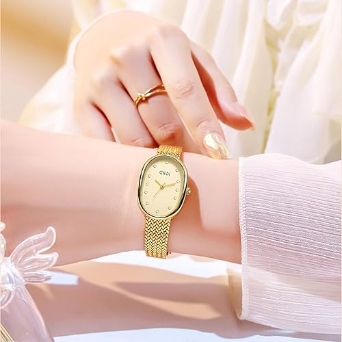 Miniatura 2 de Reloj de oro para mujer con esfera de diamante artificial, pulsera de acero inoxidable, movimiento de cuarzo, resistente al agua para la oficina