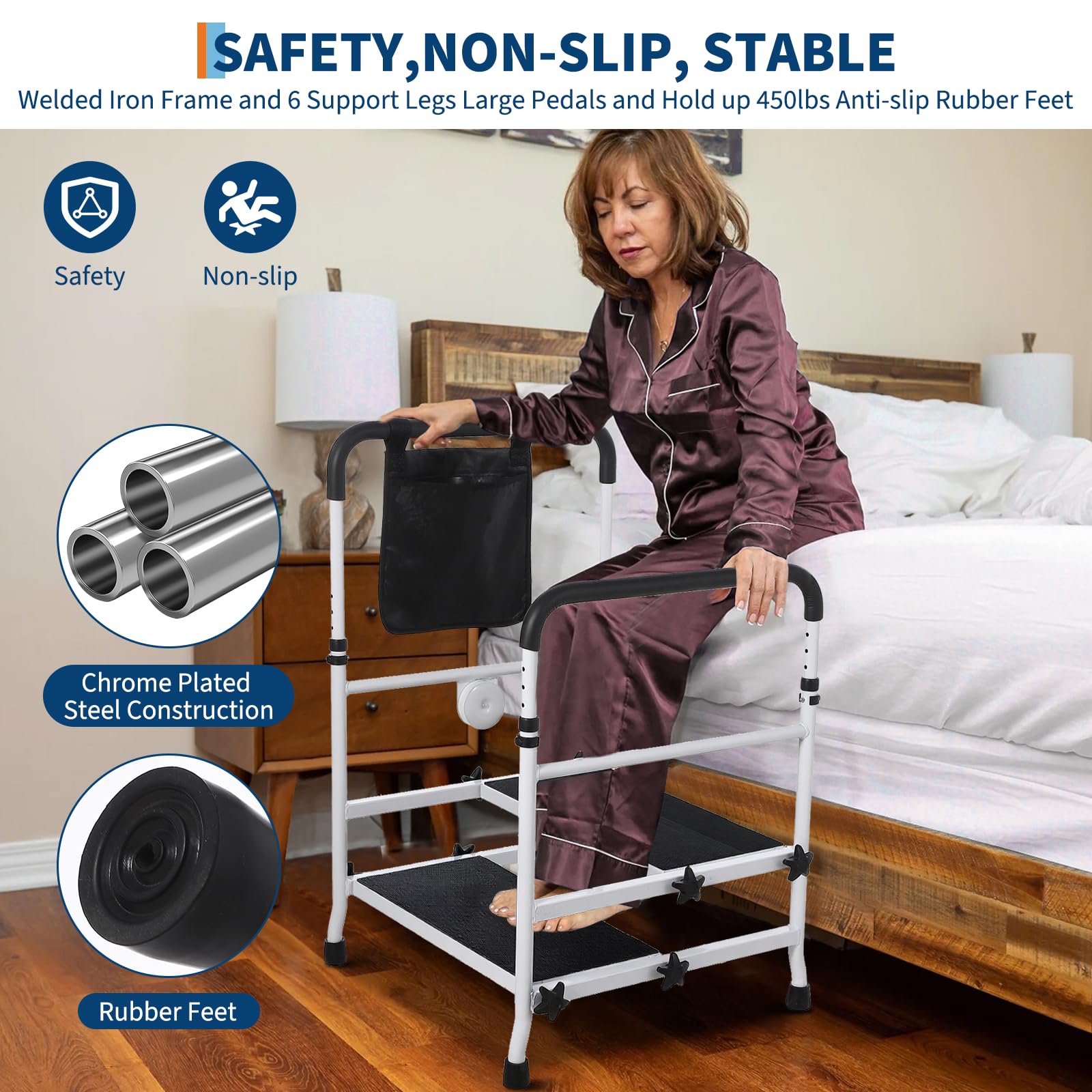GarveeHome Robuster 2-Stufen Stahltritt Mit Verstellbarem Rutschfestem Geländer, 204 kg Tragfähigkeit, Bettnahe Mobilitätshilfe Für Senioren, ältere Oder Behinderte Personen, Schlafzimmer, Bad Küc