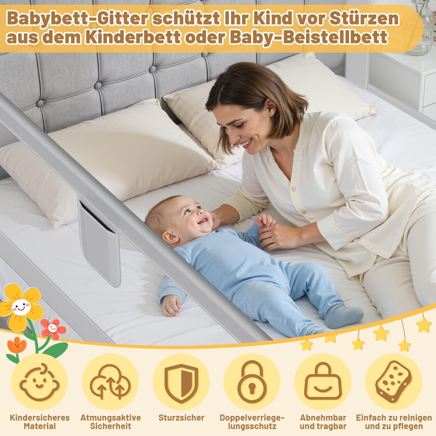 2X Barrera de Cama para Niños 200 cm, Barandilla de Seguridad Abatible con Altura Regulable 64-96 cm, Protección Anticaídas con Doble Botón y Malla Transpirable, fácil Montaje, Gris