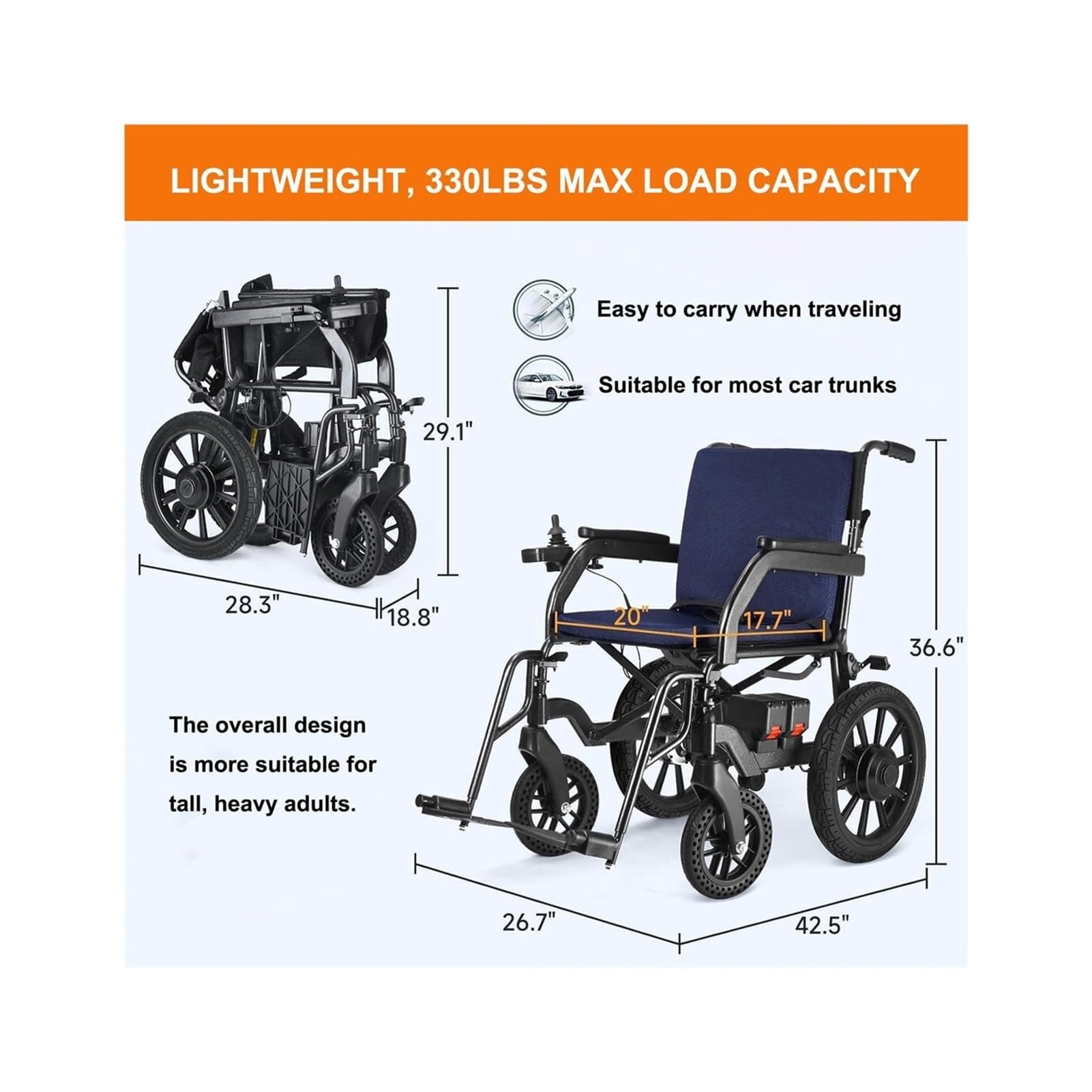 Sillas Ruedas Eléctricas Ultraligeras Adultos, Motorizada Plegable 22 Kg Personas Mayores, Todoterreno Con Motores Sin Escobillas, Batería Desmontable, Capacidad 150 Kg