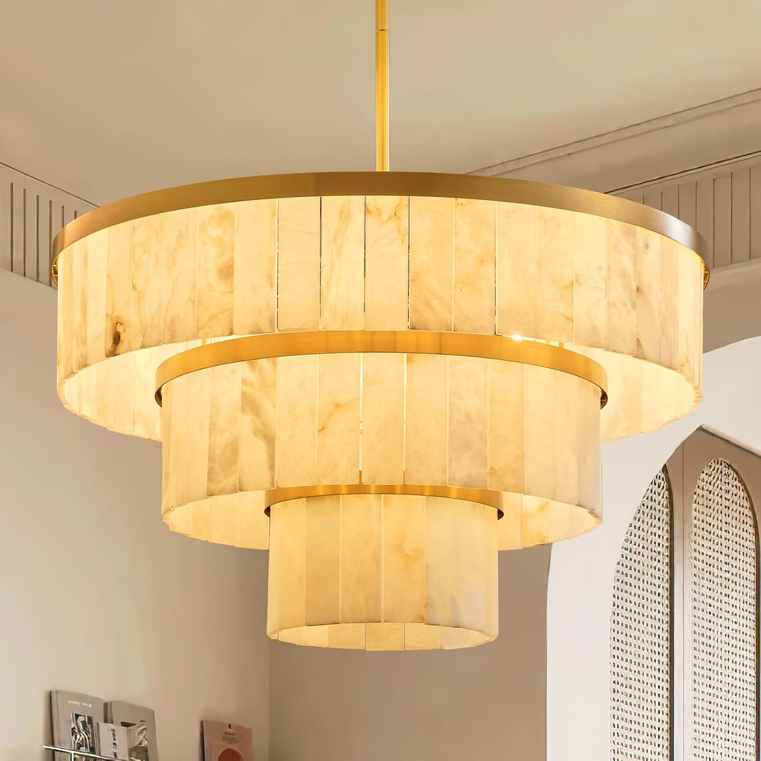 D34.3 Round Alabaster Chandelier, 3-Tier Brass Marble High Ceiling Chandeliers, Modern Dining Room Chandeliers Living Room Light for Entryways, Foyer, Stair, Kitchen Gold(Include Bulbs)