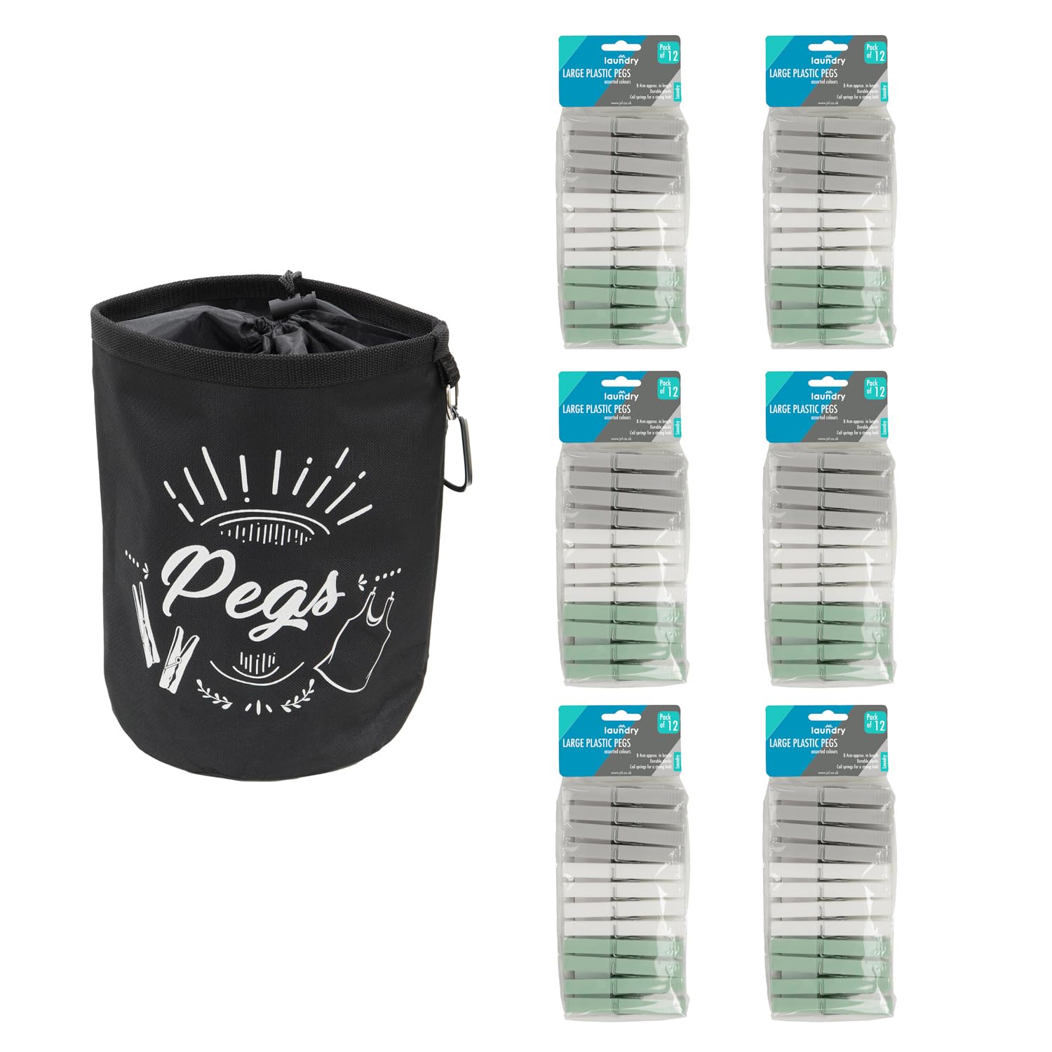 Jvl Assorted Large Black Peg Bag With 72 Large Plastic Clothes Pegs – Hanging Laundry Peg Storage – Colours