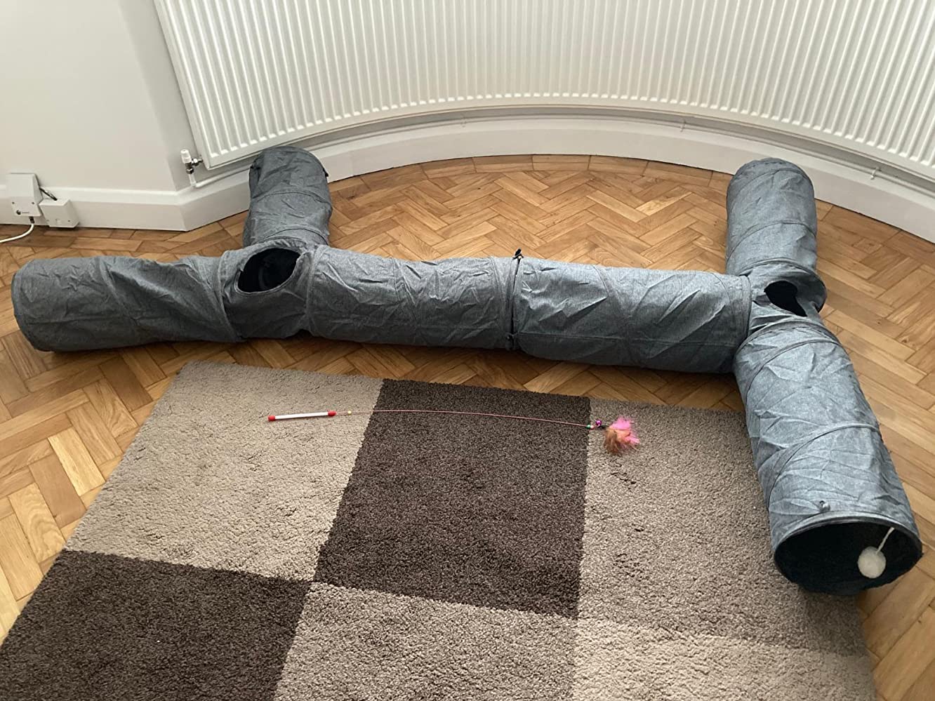 Ownpets Tunnel pieghevole per gattini, a 3 vie, lungo 120 cm, con palla di peluche e piume, grande tunnel da gioco per gatti, cuccioli, conigli
