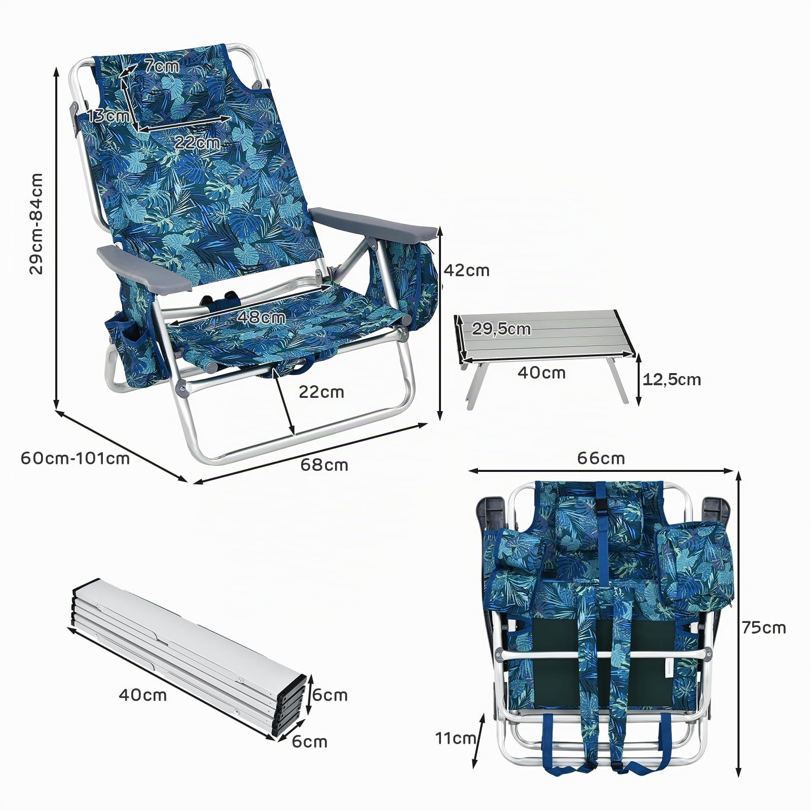 KOMFOTTEU Set di 2 Lettini Prendisole Pieghevoli e Tavolino, Lettini da Spiaggia con Poggiatesta e Schienale Regolabile, Sedie Sdraio Portatile con Borse Laterali per Giardino, Piscina (Blu Marino)