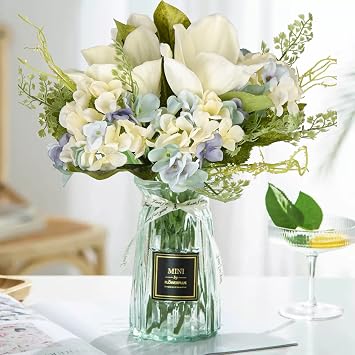 White Peony Flowers, Artificial Fake Silk Flower Bouquet, Magnolia Leaves Hydrangea Flowers Picks Arrangement for Farmhouse Home Office Kitchen Dining Table Centerpieces Decor6 Stems, Blue