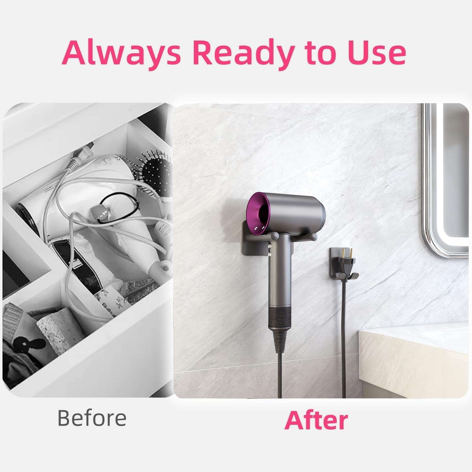 Soporte para Secador de Pelo de Pared sin Taladro, Organizador de Baño de Aluminio, Gris