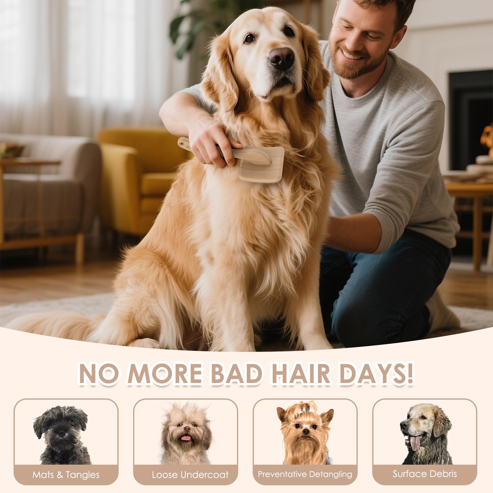 YOYUPETA Long Pin Poodle Slicker Brush Set for Goldendoodle & Cockapoo. 25mm Pins Dog Grooming Kit with Undercoat Rake & Comb. Solid Wood Dematting Tool for Removing Mats Tangles - Image 3