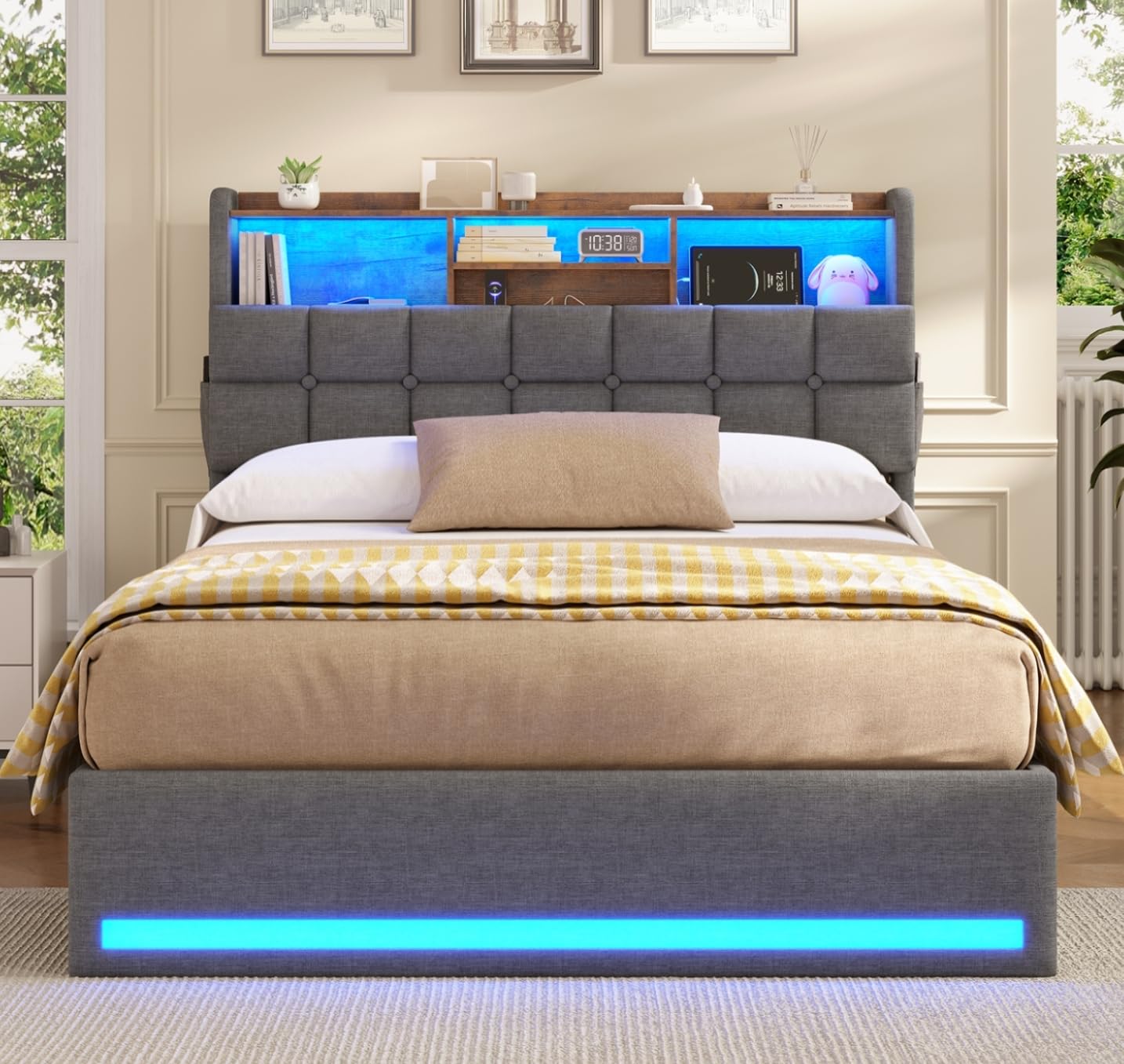 AOGLLATI Polsterbett 140×200 Hydraulisches Stauraumbett mit LED-Bleuchtung,Jugendbett mit USB- und Type-C-Anschlüsse Doppelbett Bettgestell mit Holzlatten, Leinenstoff,ohne Matratze(Grau, 140x200cm)