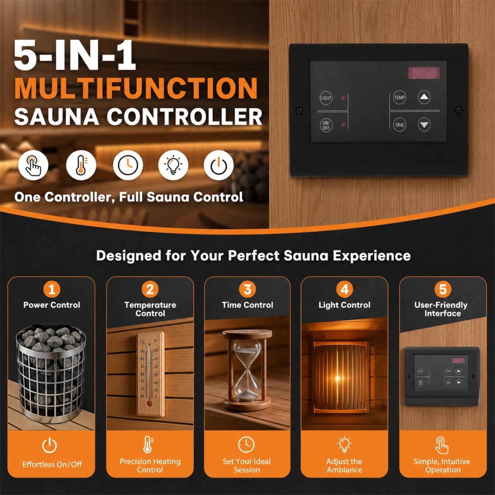 Controlador de Temperatura de Sauna, Panel de Control de Generador de Digital de Montaje en Pared, para Salas de Sauna y Baños de Material ABS 35 110 ℃ Rango de Temperatura (Negra)