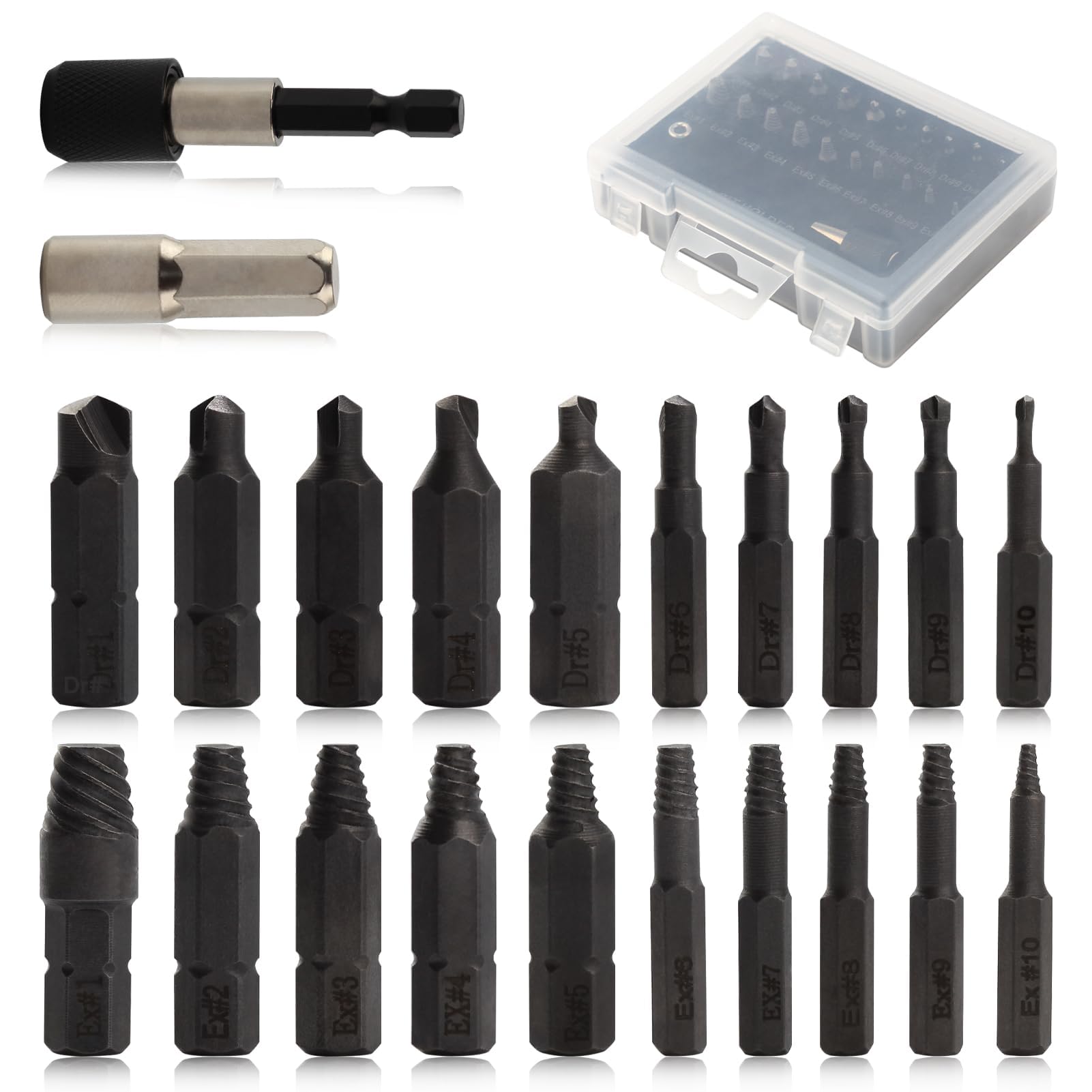 KASTWAVE Screw Extractor Set, 22 Pcs Easy Out Stripped Screw Extractor Kit, Multi-spline Extractor Set, Remover for Stripped Screws Nuts & Bolts, with Magnetic Extension Bit Holder & Socket Adapter