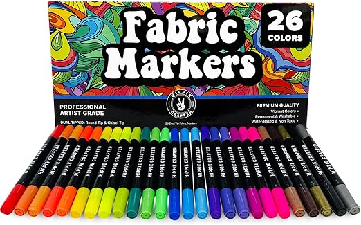 Fabric Markers, Permanent No-Bleed Fabric Pens for Clothes, Baby Clothes, Canvas, Upholstery, T-Shirts, Shoes, and More, 26 Piece Set for Artists and Kids, Ideal for Coloring and DIY Projects