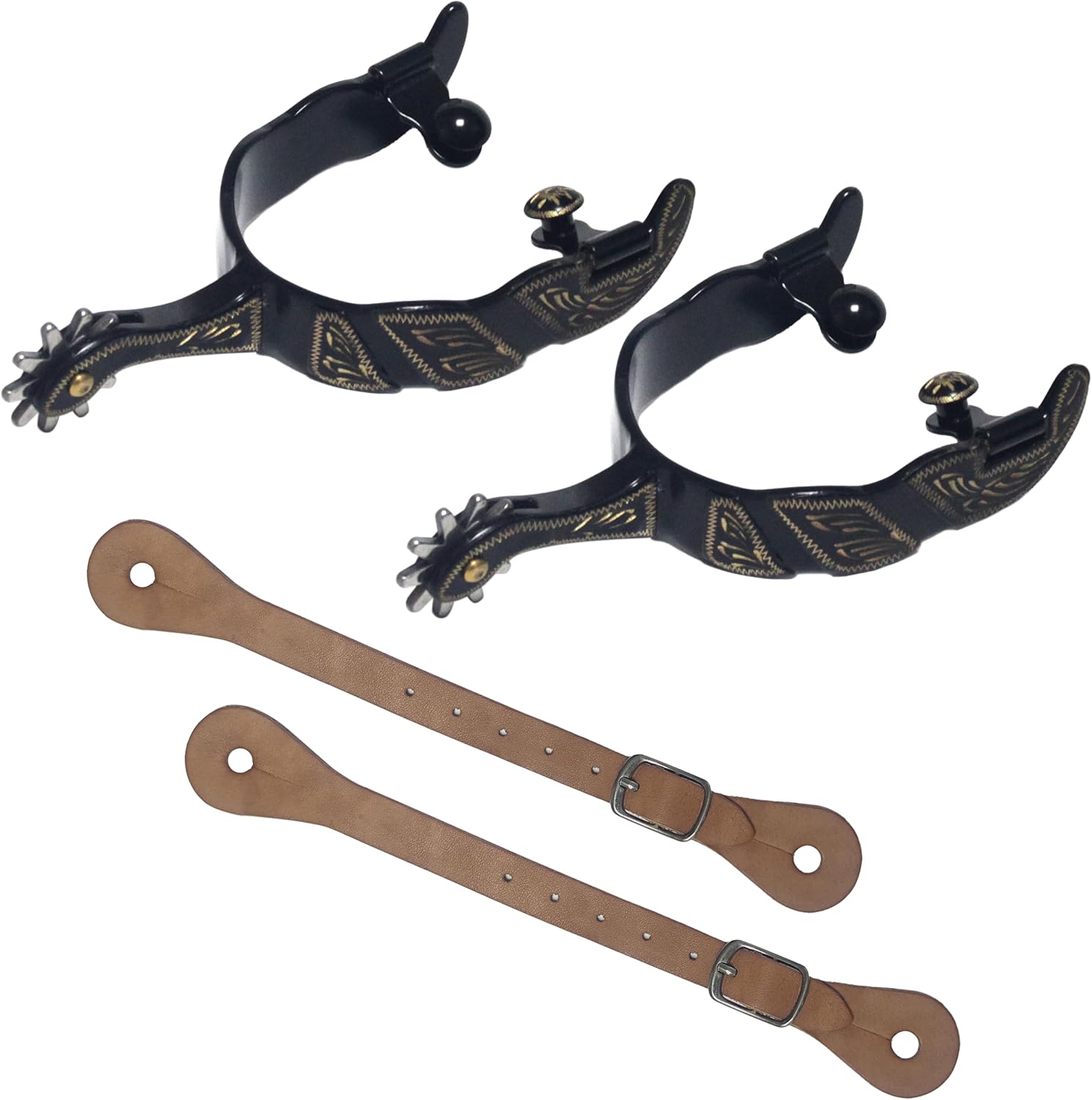 Western Style Horse Spurs with 6-Hole Leather Belt – Ornate Carved Design, Smooth Rotating Gears & Antique Copper Buckle | Stainless Steel Equestrian Gear for Men & Women Riders