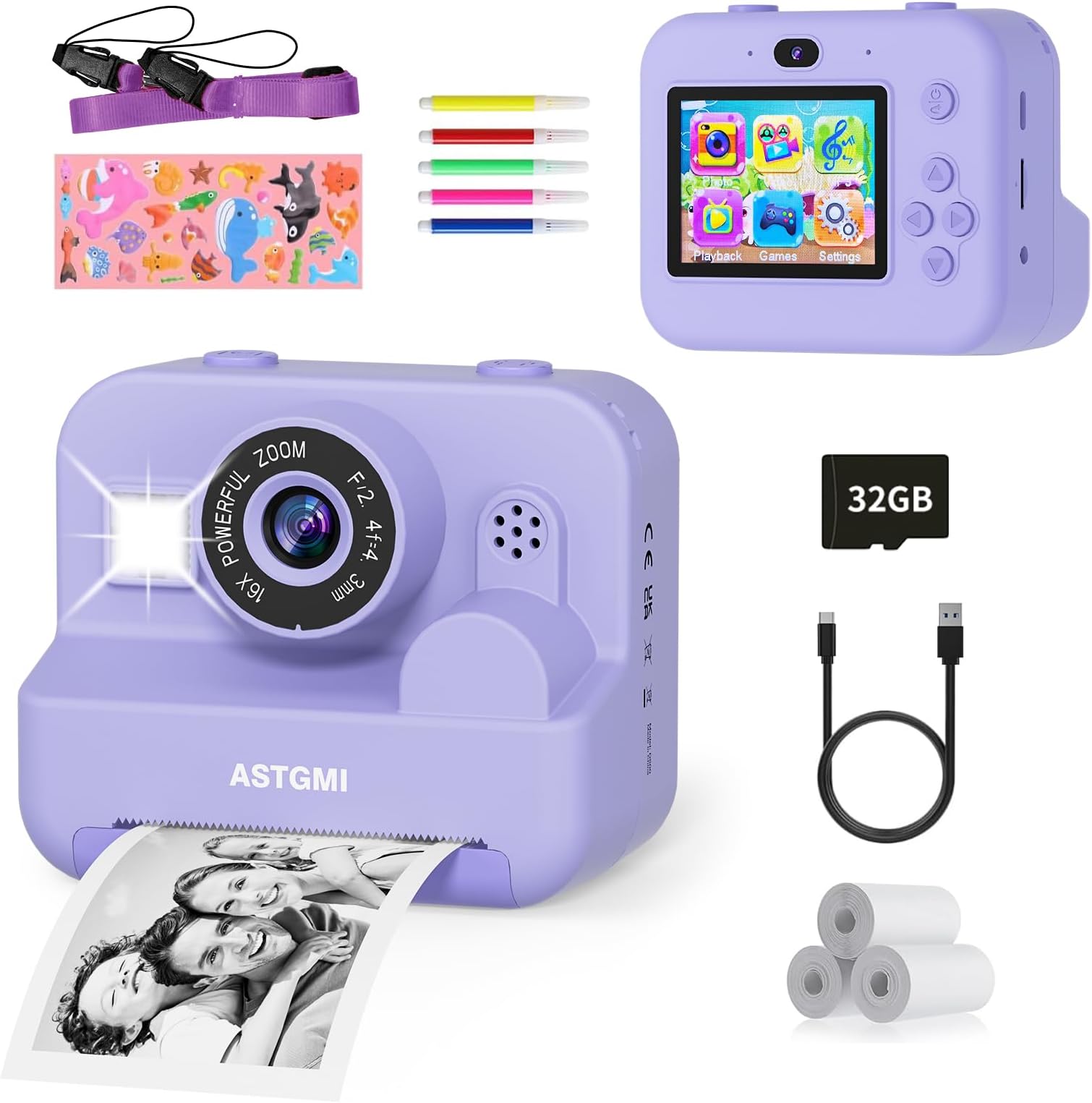 ASTGMI Kids Instant Print Selfie Camera for Boys and Girls,1080P HD Digital Camera with Print Paper & 32GB Card, Christmas Birthday Gifts Kids Toys for 3-12 Years Old (Purple)