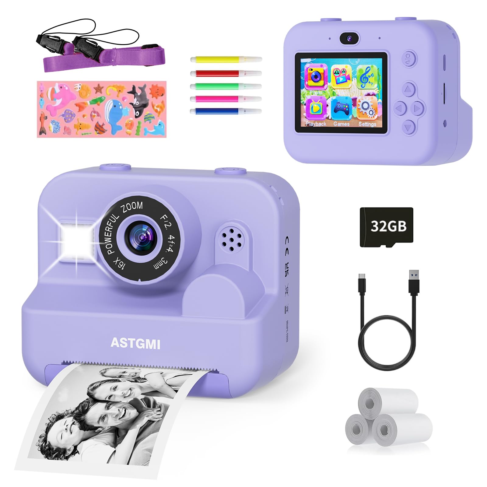 Appareil Photo Instantané Enfant Hangrui – 2.4" écran + Carte 32 Go + 3 Rouleaux Papier – Impression Directe, Jouet éducatif 3-9 Ans – Rose