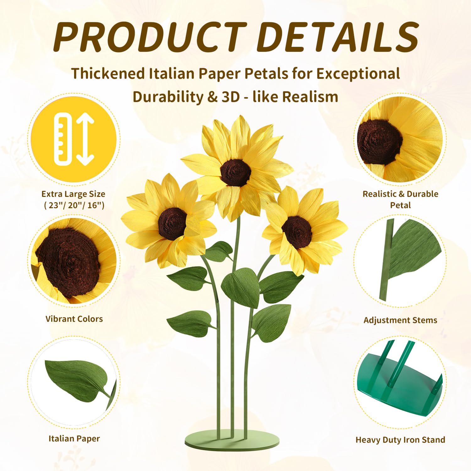 Mverse Lot de 3 tournesols géants en papier avec base en métal autonome pour toile de fond de mariage, accessoire de photomaton d'événement, décoration de fête d'anniversaire et présentoir de magasin