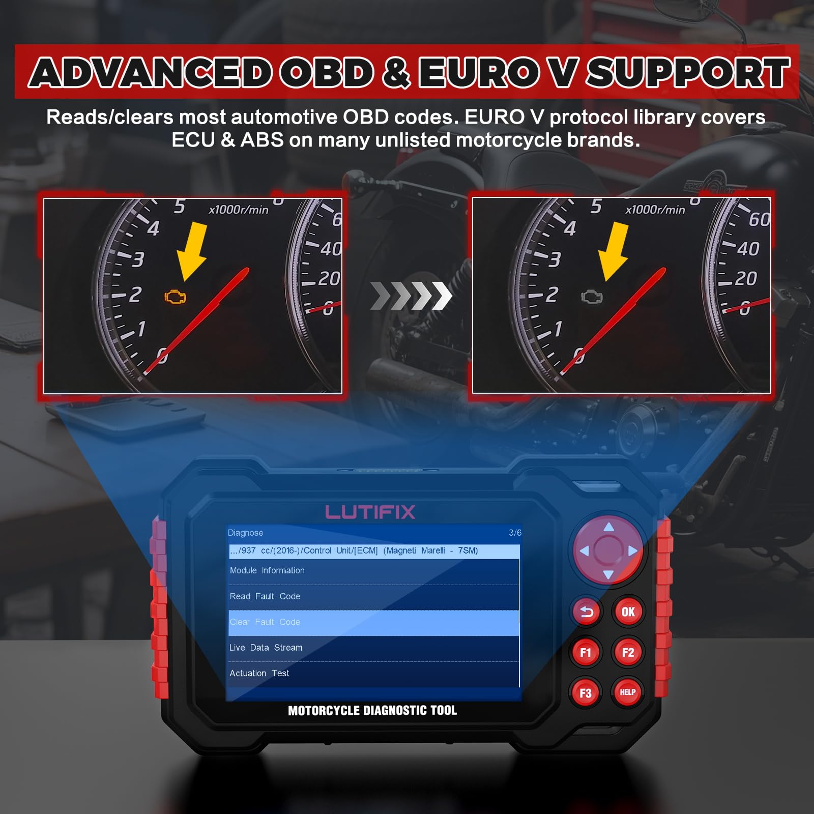 Outil de Diagnostic de Moto, Scanner OBD2 de Moto M7 Systèmes complets prenant en Charge Plus de 70 Marques mondiales, Plus de 100 Fonctions Lecteur de Code WiFi Mise à Jour en Un clic
