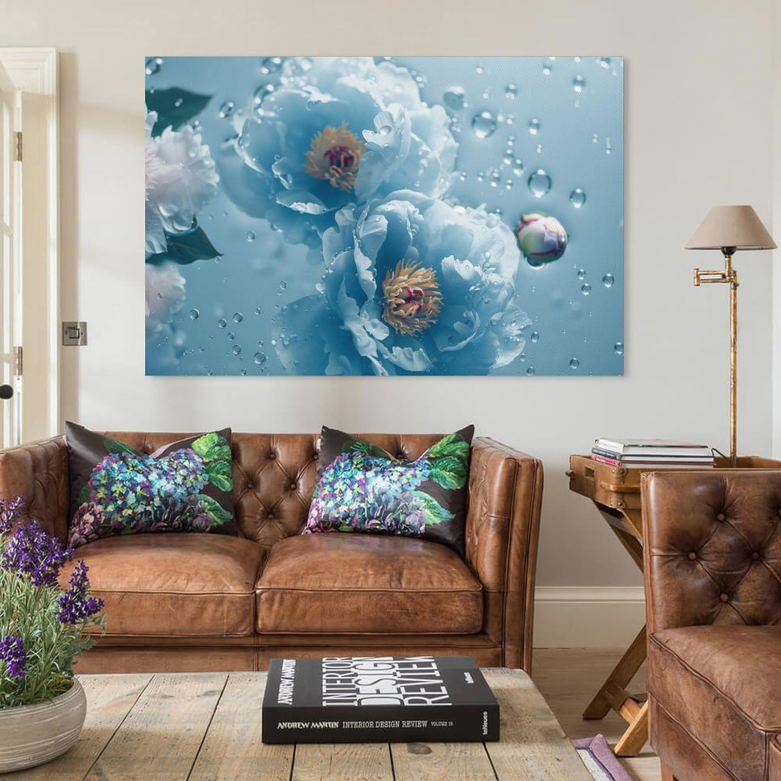 Amazon.co.jp: 絵画 青の背景に水に浮かぶ青い牡丹 アートパネル