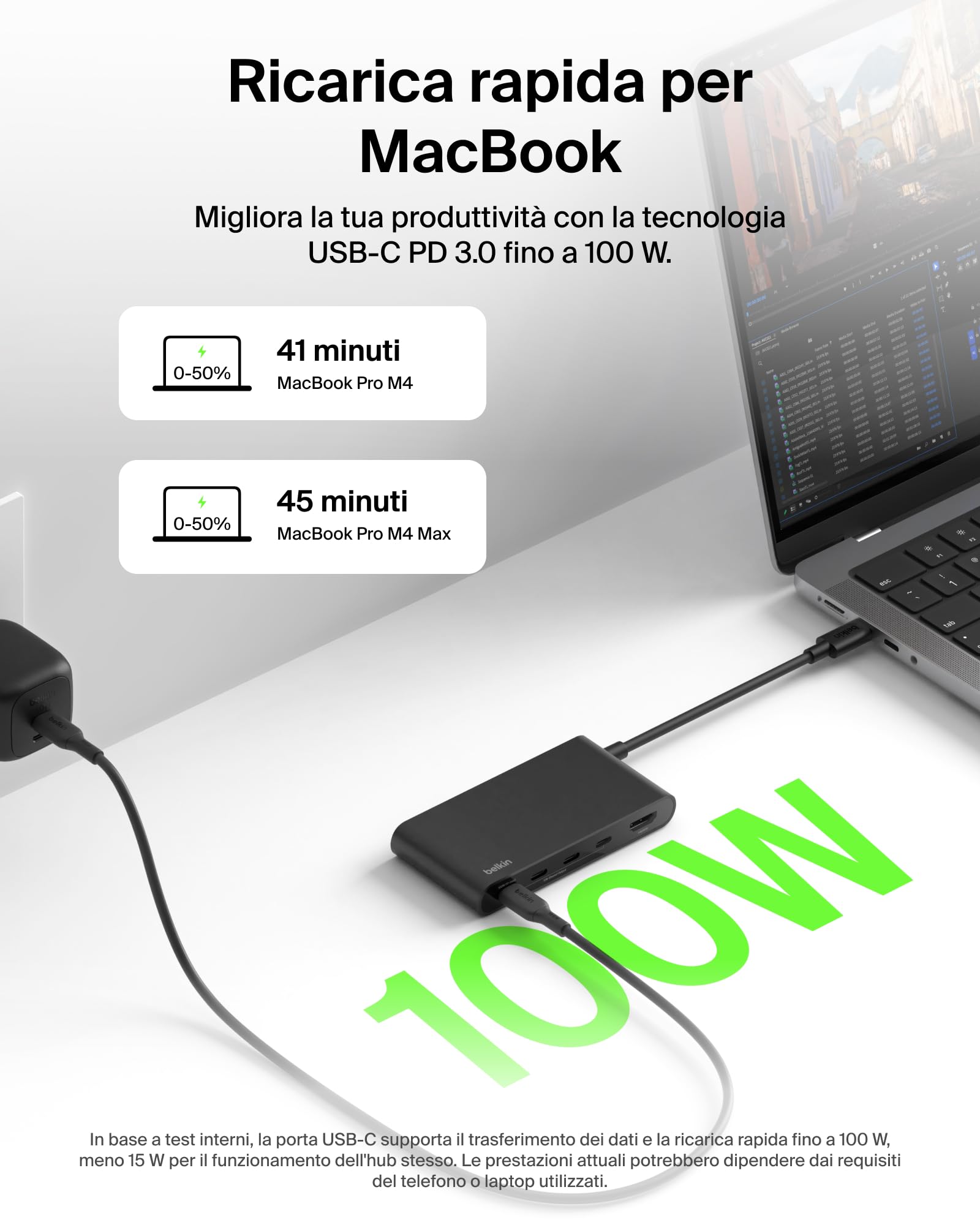 Belkin Hub USB C, Hub a 5 Porte con HDMI 4K 60Hz, Power Delivery 100W, Trasferimenti Dati Rapidi 10Gbps, Docking Station USB-C, Sdoppiatore Usb, Compatibile con MacBook, iPad Pro, Chromebook e Altri