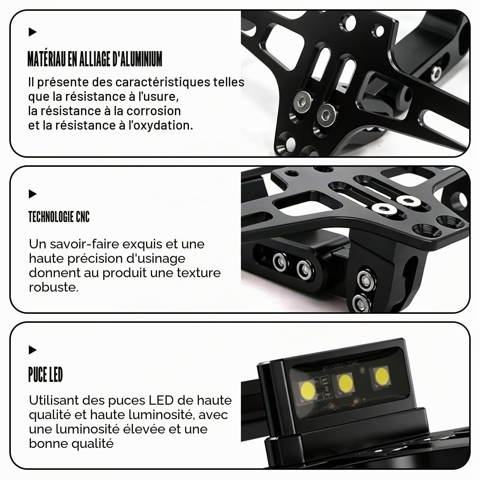 Support De Plaque D'immatriculation De Moto Réglable, Support De Plaque Moto en Aluminium, Universel Porte Plaque Immatriculation avec Lumière LED pour La Plupart des Modèles De Moto