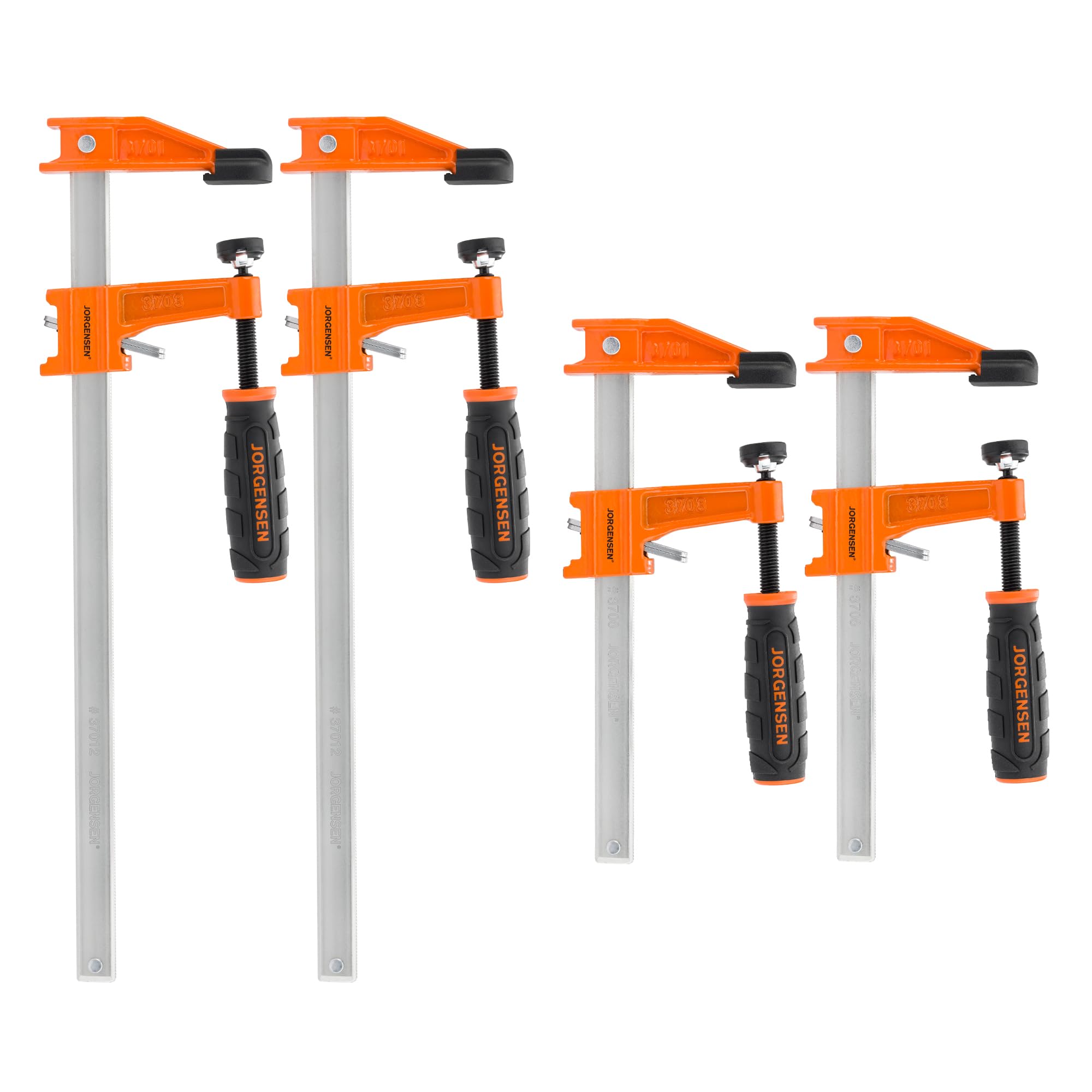 JORGENSEN 4-pack Steel Bar Clamps Set, 6-inch (2) & 12-inch (2) Medium Duty F-Clamp, 600 Lbs Load Limit, for Woodworking