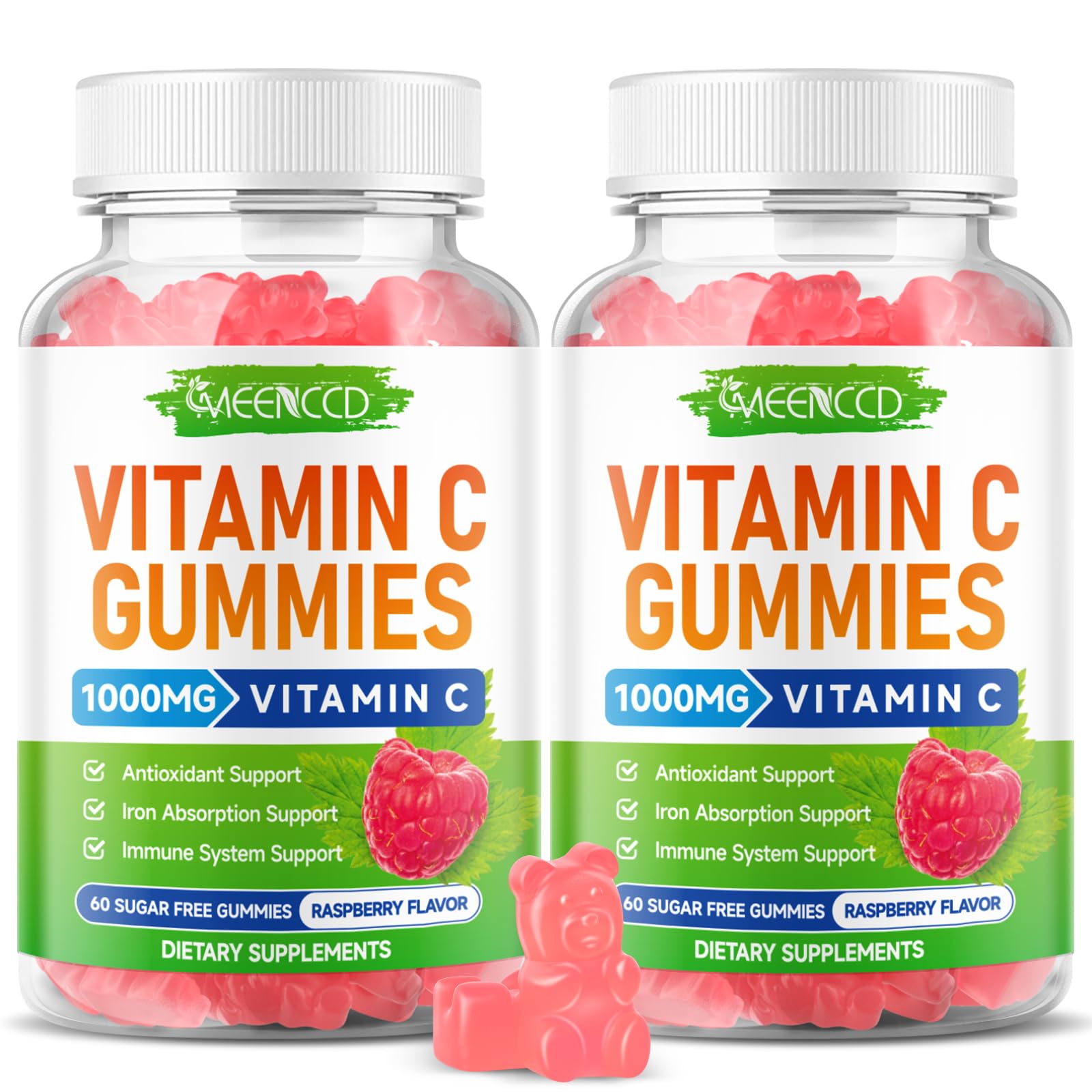MEENCCD 2 Pack Vitamin C Gummies for Adults, Chewable Vitamin C Gummies with Zinc for Antioxidant Support, Vegan, Sugar-Free, Raspberry Flavor, 120 Count 60 Count (Pack of 2)