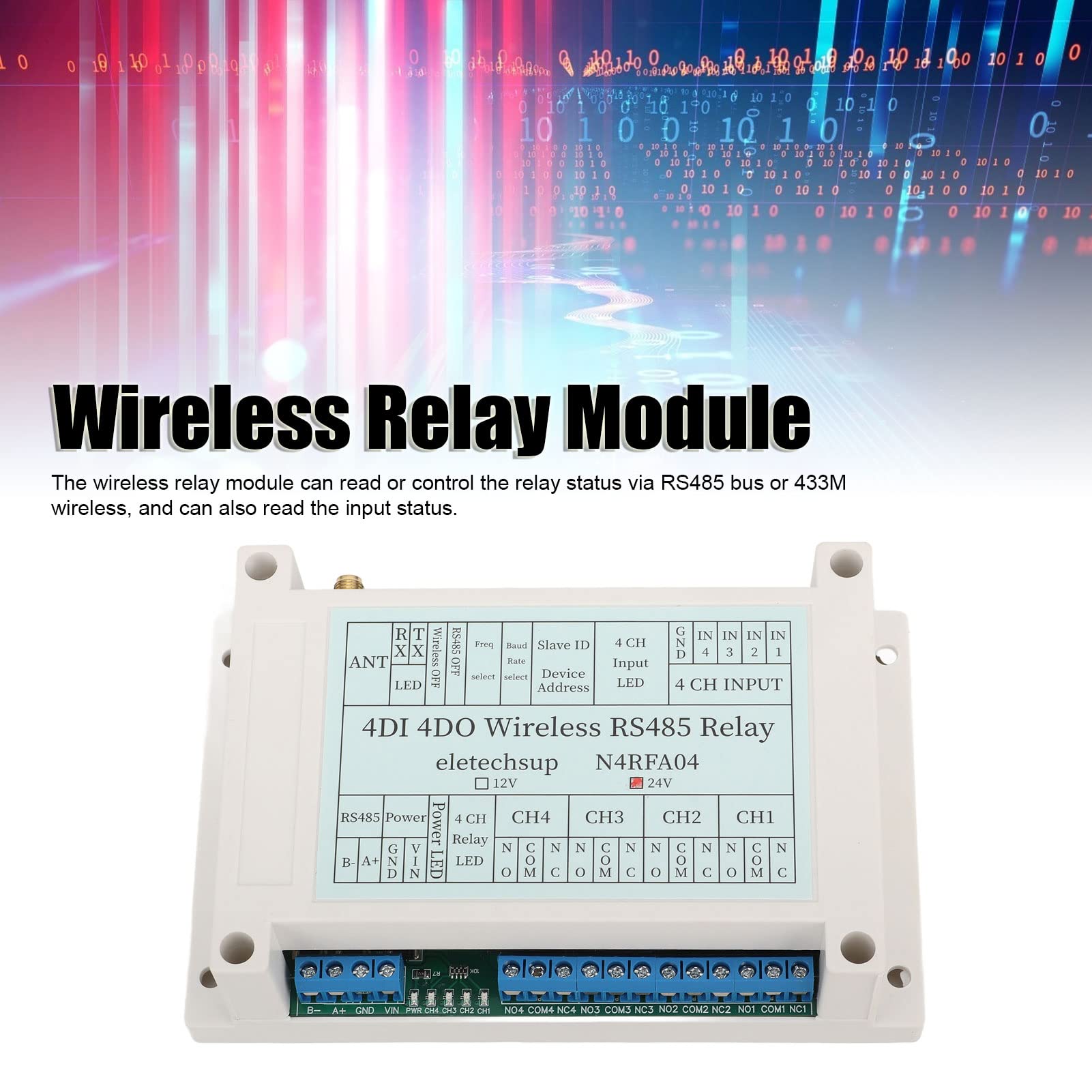 Modulo Relè Wireless con 4 Ingressi/uscite, Ricevitore Trasmettitore RS485,Inclusa - Controlla Facilmente I Tuoi Dispositivi da Remoto(24 V)