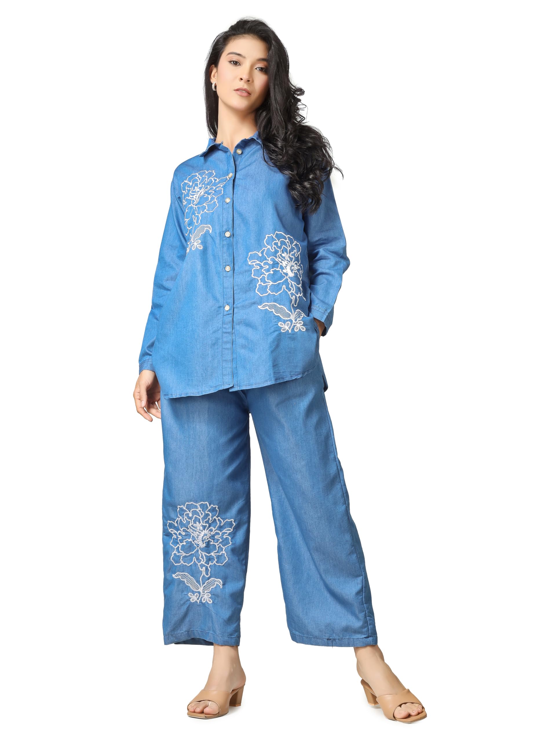 Women’s Embroidered Denim Co-Ord Set – Casual Button Down Shirt & Wide Leg Pants Two Piece Outfit-picture-22
