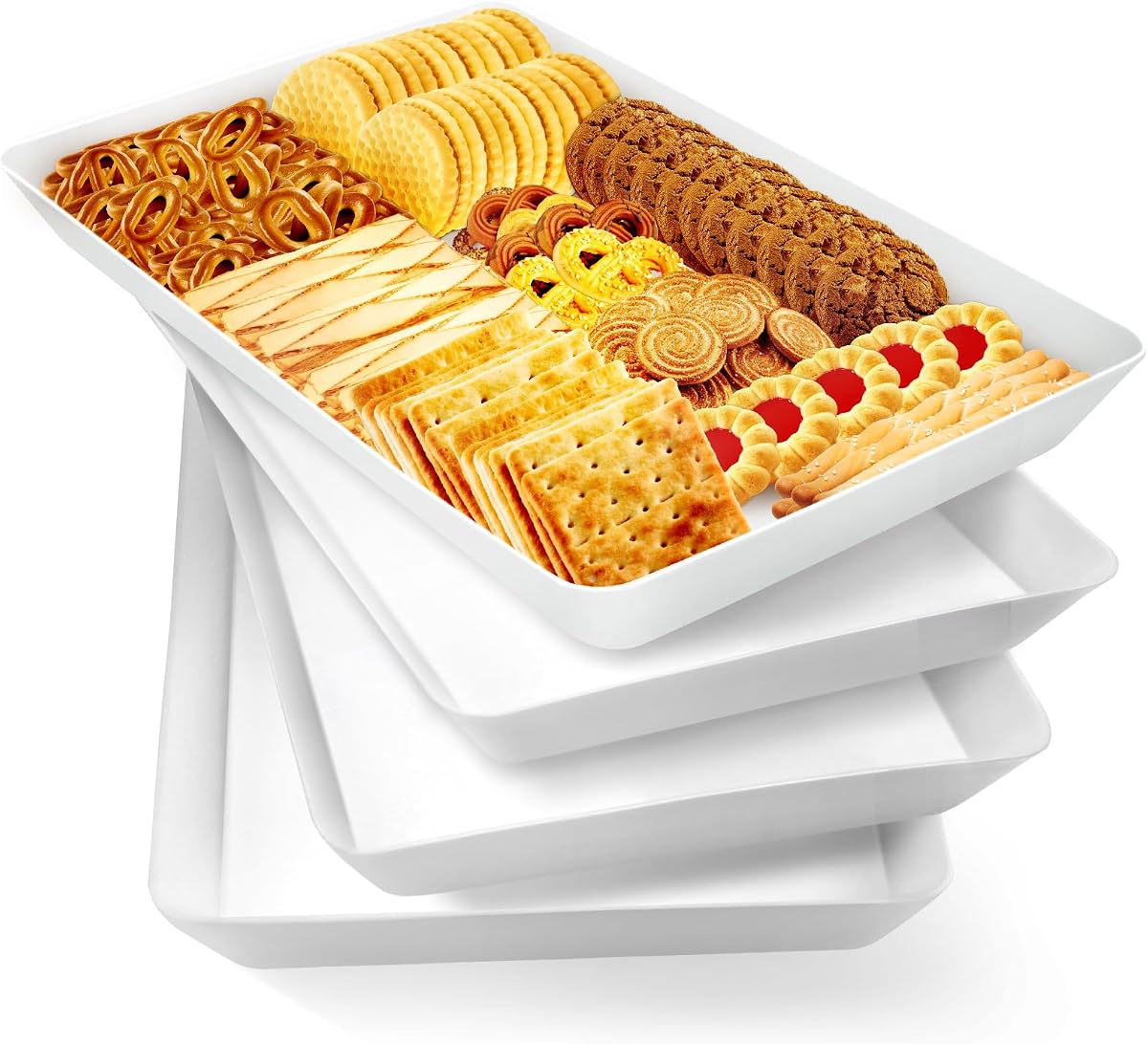 WOWBOX Paquete de 4 bandejas de plástico reutilizables para servir bocadillos, frutas y fiestas | Organización de despensa en la cocina, preparación de parrilladas, presentación de alimentos, comidas diarias, organización de días festivos y entretenimiento al aire libre