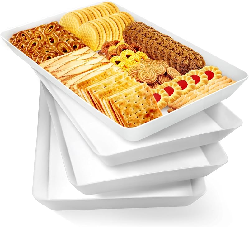 WOWBOX Paquete de 4 bandejas de plástico reutilizables para servir bocadillos, frutas y fiestas | Organización de despensa en la cocina, preparación de parrilladas, presentación de alimentos, comidas diarias, organización de días festivos y entretenimiento al aire libre