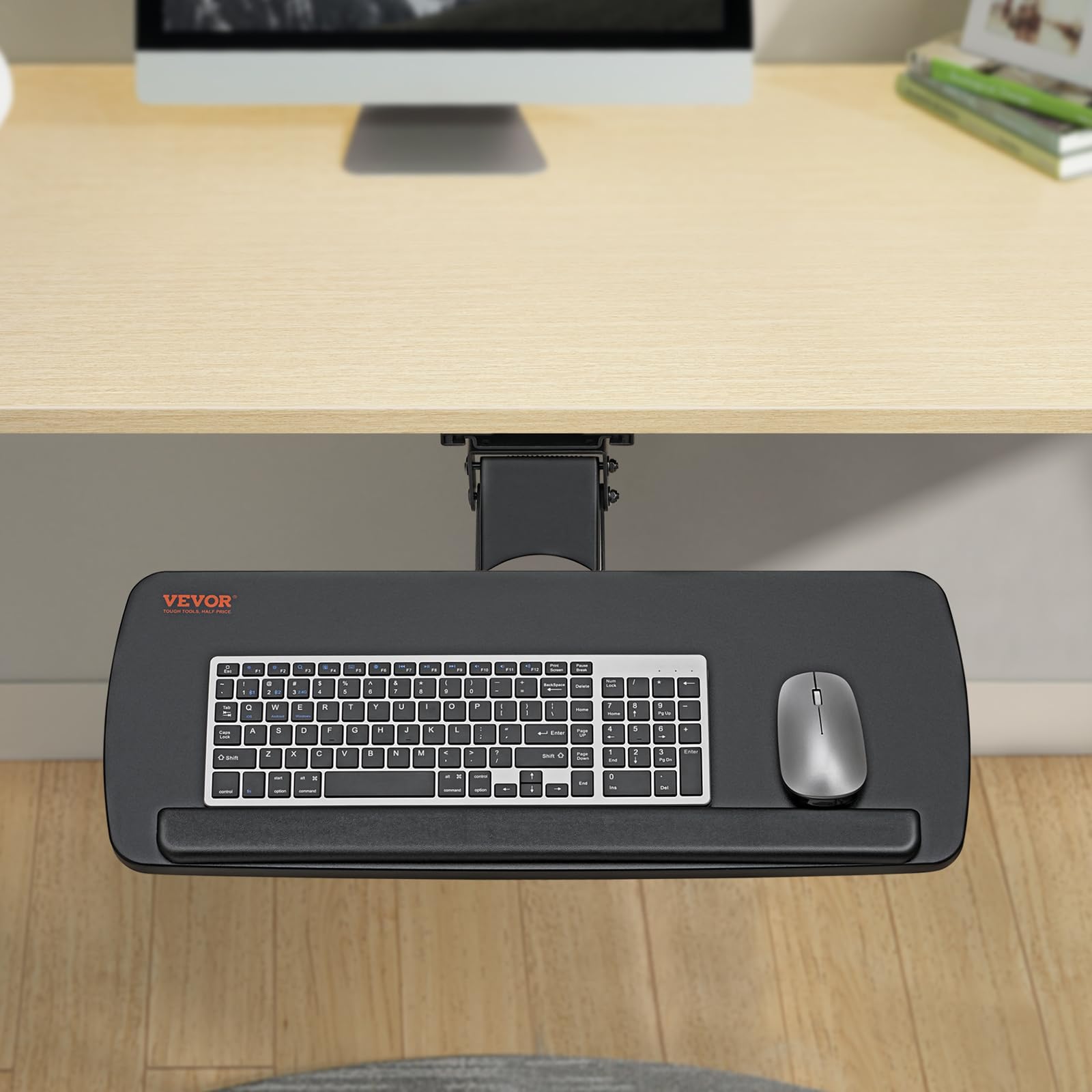 VEVOR Soporte para Teclado Bandeja Deslizante para Teclado y Ratón de 63,5x25 cm Debajo del Escritorio Carga Máxima de 5 kg Fijación Fácil y Ángulo Ajustable para PC en Oficina Casa