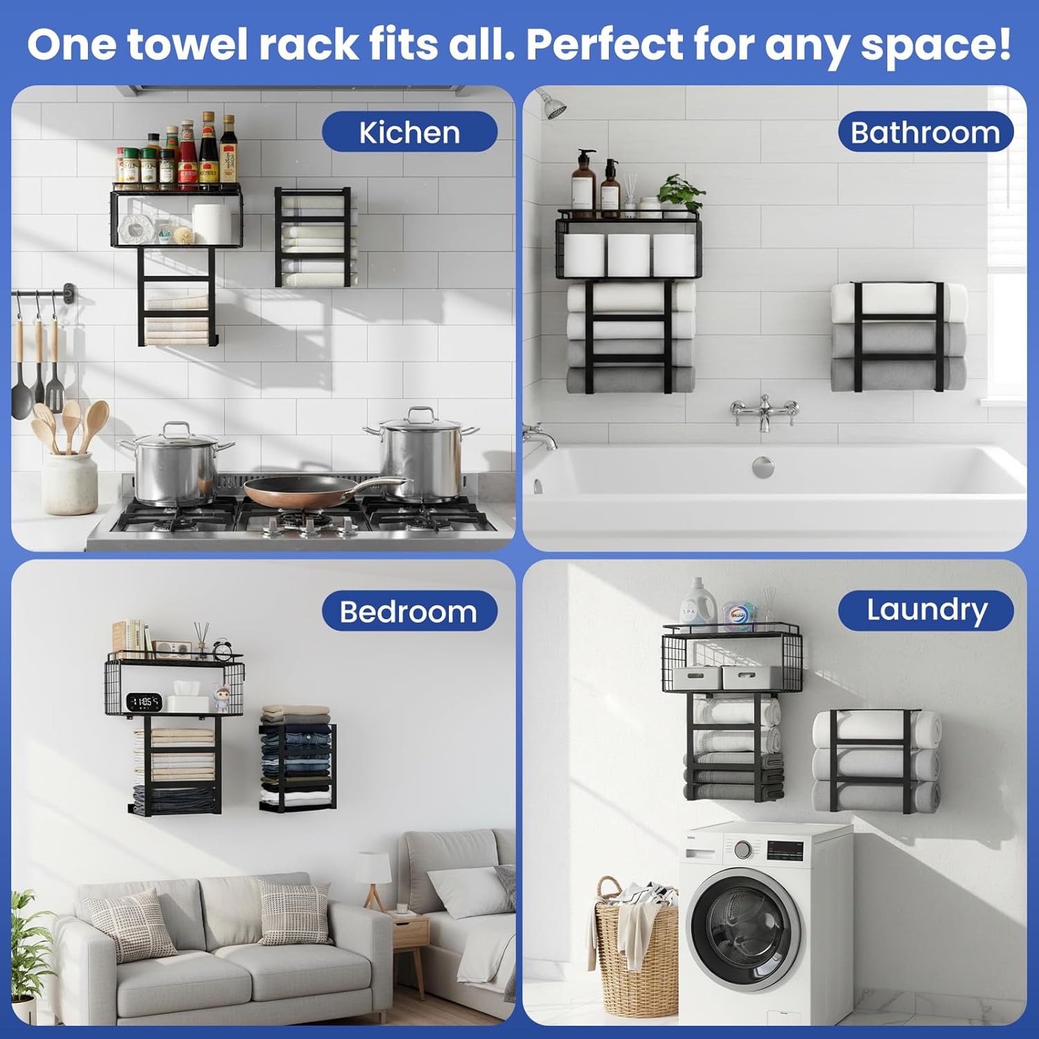 Vatex Towel Racks for Bathroom Wall Mounted, 4-Tier Bathroom Towel Rack with Shelf and Basket, Hold 6 Large Rolled Towels, 32-Inch Heavy Duty Towel Storage for Bathroom, RV, Black