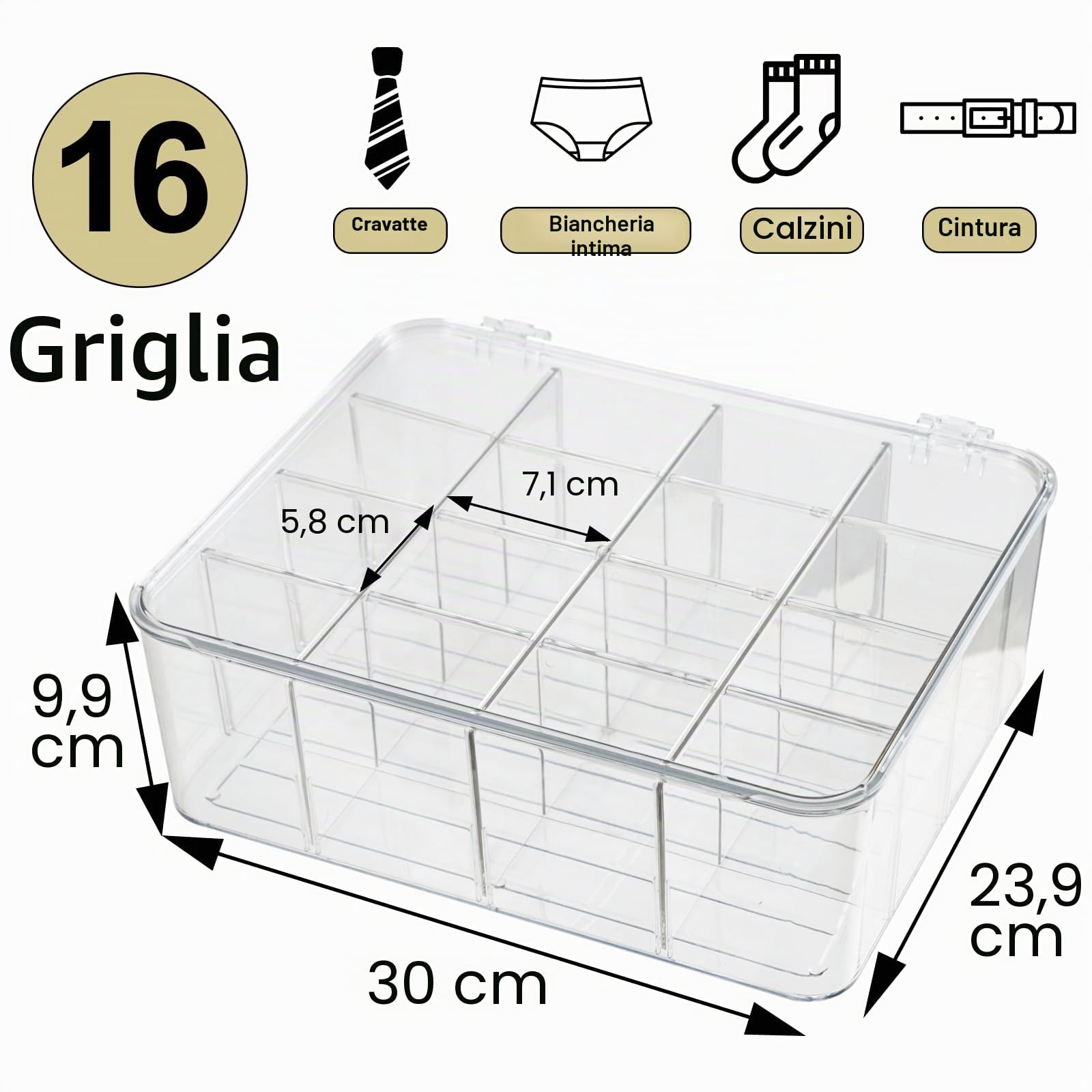 ZEXALOR Divisori per cassetti per calzini, biancheria intima, 16 scomparti rimovibili in plastica con coperchio, organizer per sciarpe, cravatte, reggiseni, organizer per cassetti e cassettiere grigio