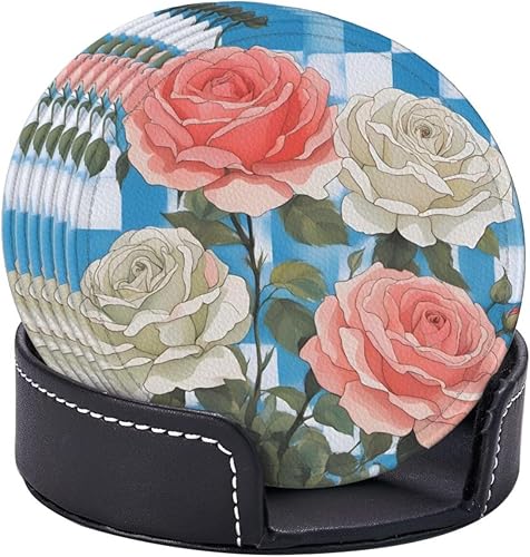 Miniatura 6 de Plaid Background Roses Fashionable Printed Leather Coaster Set,A Set of 6 Pieces,4 Inches in Diameter,Adding an Artistic Atmosphere to Your Desktop