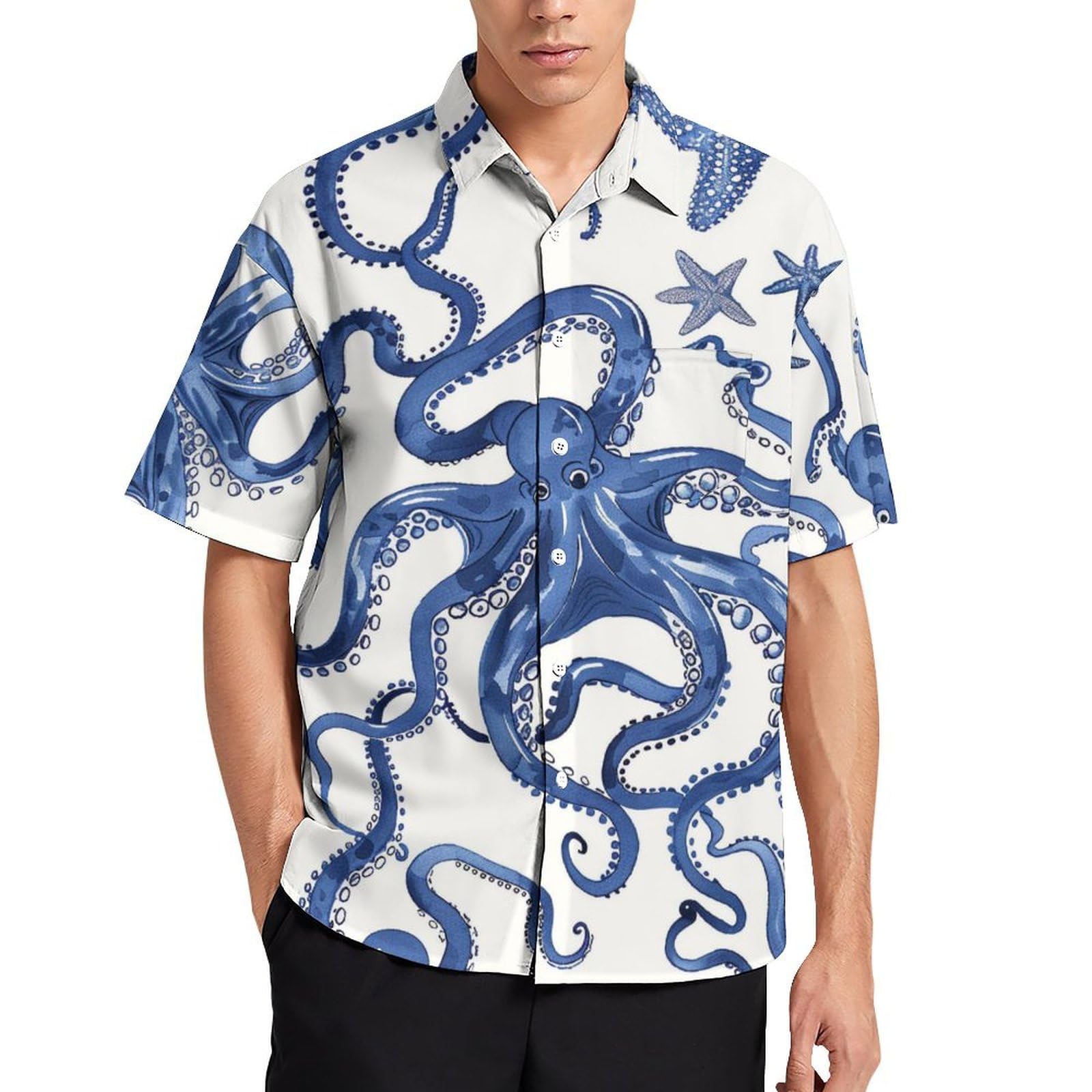 Hehanus Hawaiian Style Mens Shirts Octopus Graphic Shirt Casual Traopical Plants Print Summer Beach Shirt