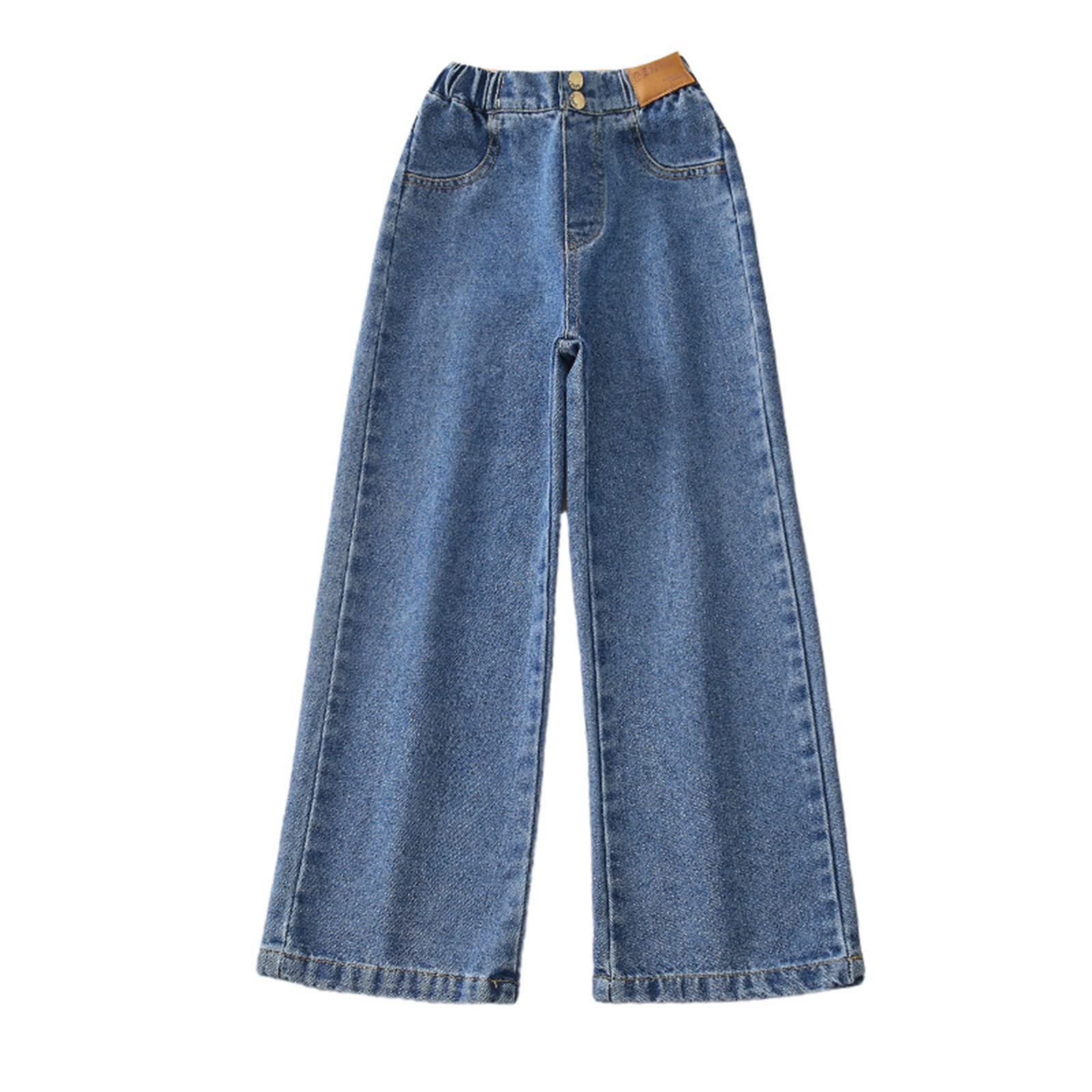 Toddler Girls Wide Leg Jeans Baggy Elastic Waist Denim Pants Kids Loose Straight Trouser with Pockets (Blue, 8-9 Years)