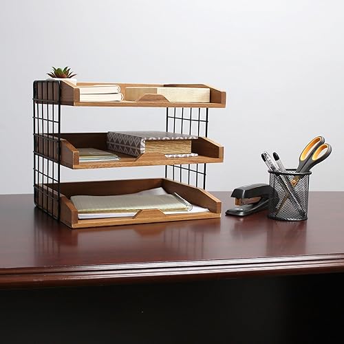 Miniatura 3 de Elegant Designs HG1022-NWD - Organizador de escritorio de madera para oficina en casa, bandeja para cartas de correo con 3 estantes, madera natural