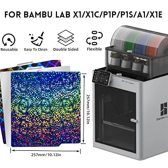 3D Printer Grid + Rainbow Gear Cool Build Plate for Bambu Lab X1C/X1/X1E/P1P/P1S/A1 3D Printer, Smooth Surface 257x257mm Spring Steel Plate, Double Sided Flexible Sheet Removable Platform