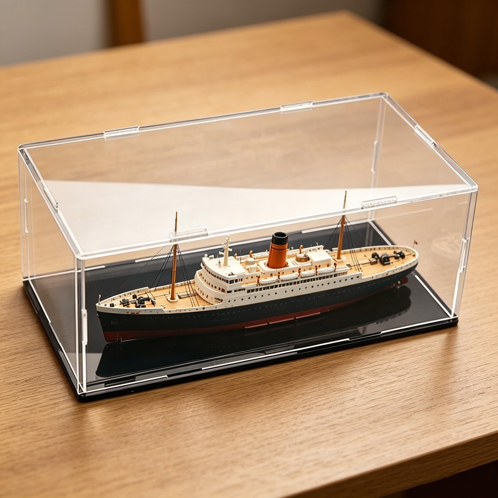 Dustproof Clear Acrylic Display Case for Model Ships, Long Large Memorabilia Storage Organizing Showcase, Rectangle Display Bins Alternative Glass Case(Black Base,45x45x45cm)