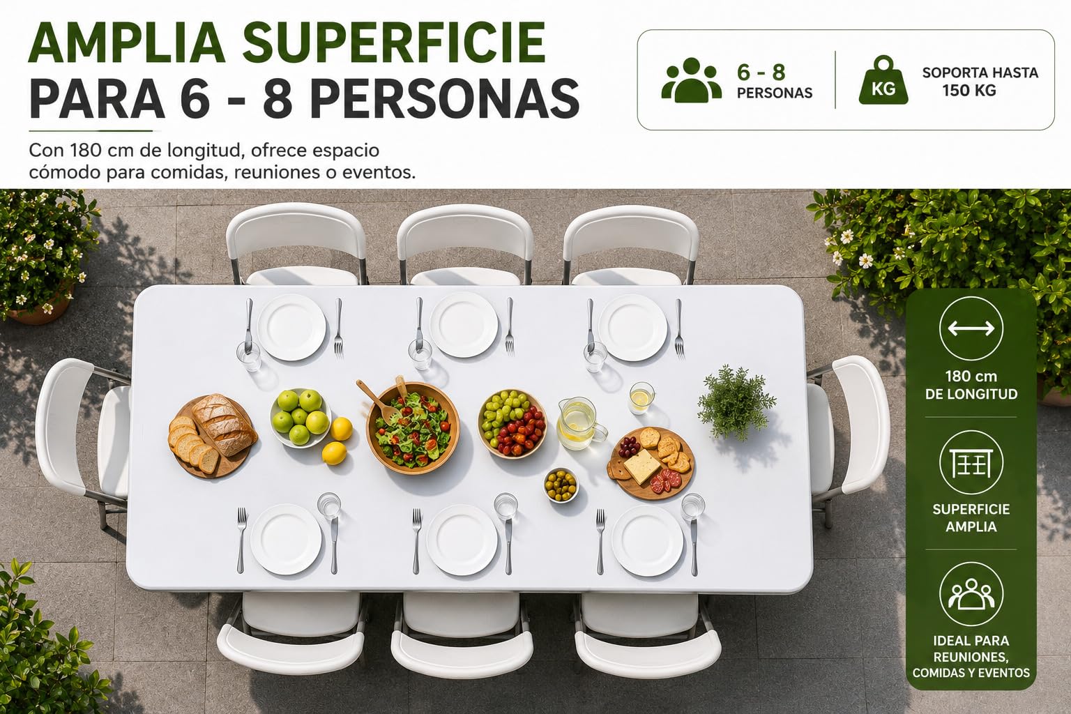 Mesa Plegable 180 cm Blanca con Asa, Mesa Jardín de Resina y Acero, Mesa Catering Portátil Multiusos para Camping, Picnic, Eventos, Terraza e Interior 180x70x74 cm
