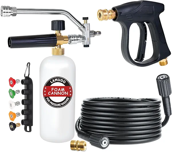 LAMUDO Pressure Washer Gun and Foam Cannon with Dual Connector Accessories for Pressure Washer, Attachment Include 5 Spray Nozzle Tips, Pressure Washer Hose and M22-14 Male to Male Fittings