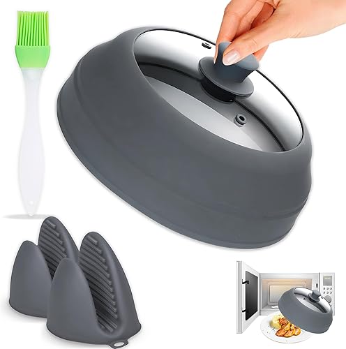 Javson Cubierta de vidrio para microondas para alimentos, tapa grande de vidrio templado y silicona de 10.8 pulgadas, resistente al calor, protector
